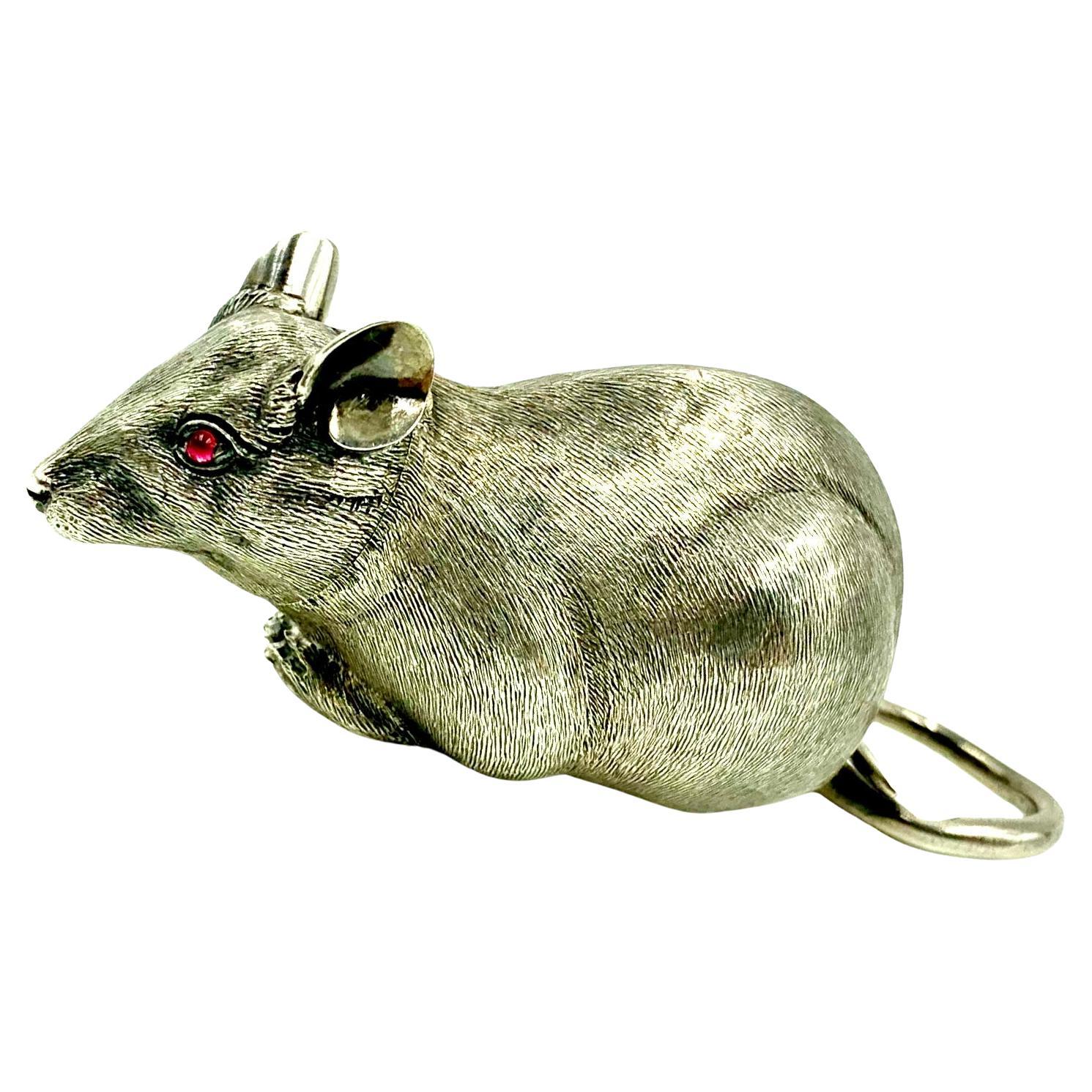 19th Century Rare Figural Antique English Sterling Silver Mouse with Ruby Eyes Snuff Box 1884