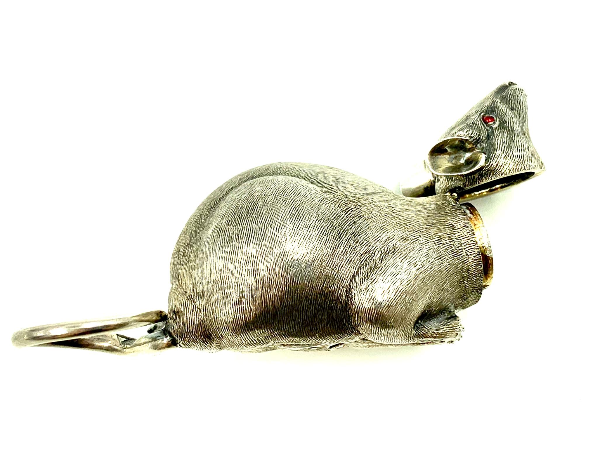 Rare Figural Antique English Sterling Silver Mouse with Ruby Eyes Snuff Box 1884 1