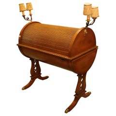 Rare Figural Bronze Lighted Rolling Tambor Cylinder Form Writing Desk circa 1940