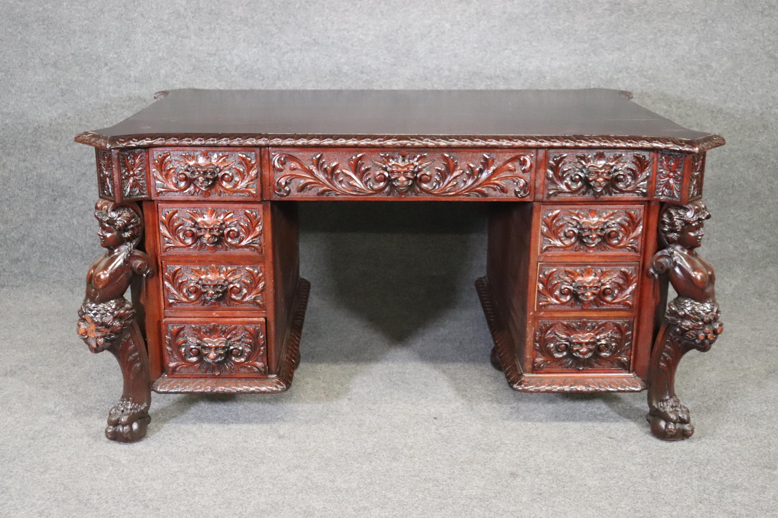 Late 19th Century Rare Figural Carved Solid Mahogany R.J. Horner Partners Executive Desk