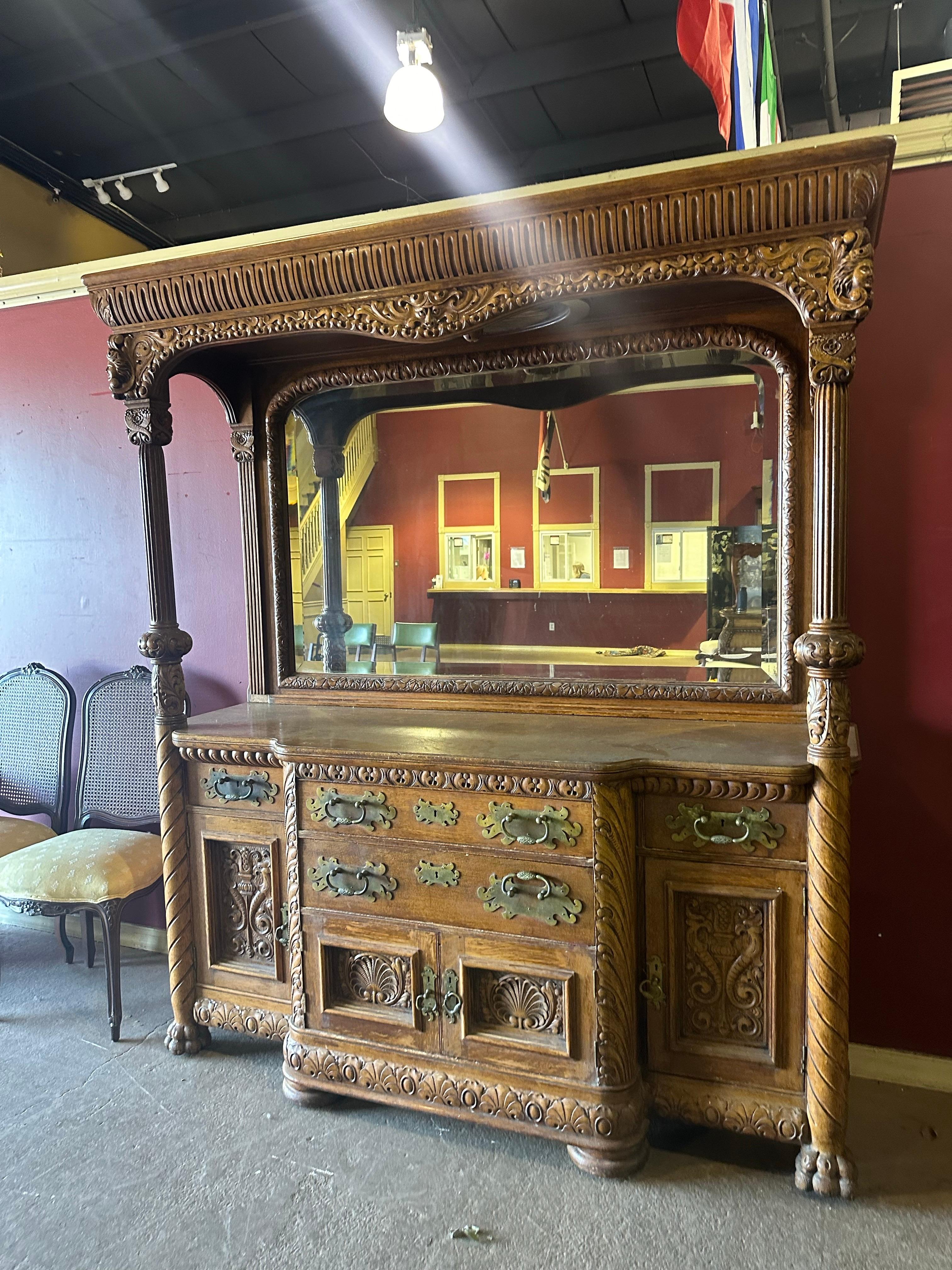 Rare Figural Quarter Sawn Tiger Oak Victorian Breakfront Backbar Sideboard 3