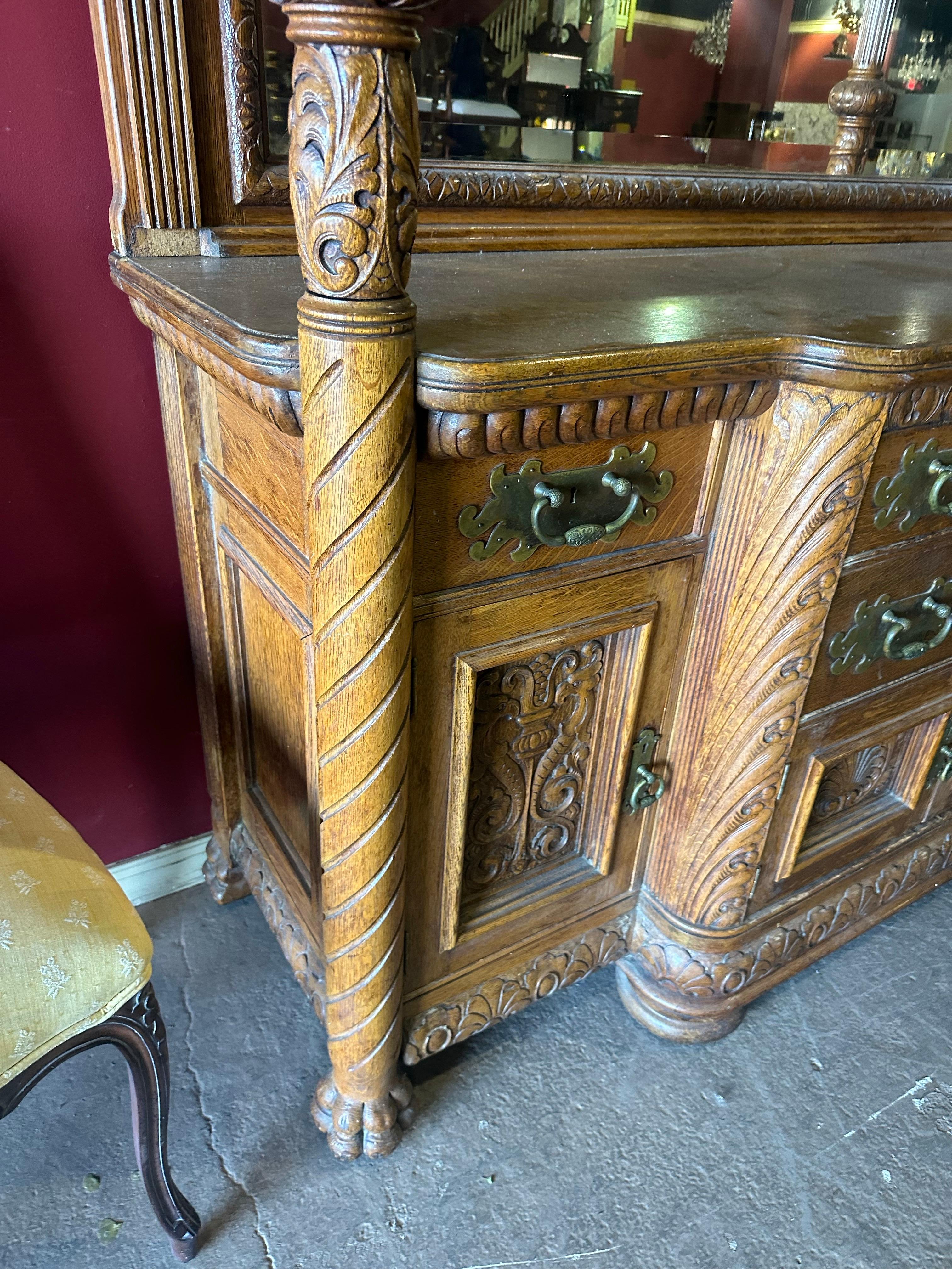 Rare Figural Quarter Sawn Tiger Oak Victorian Breakfront Backbar Sideboard 4