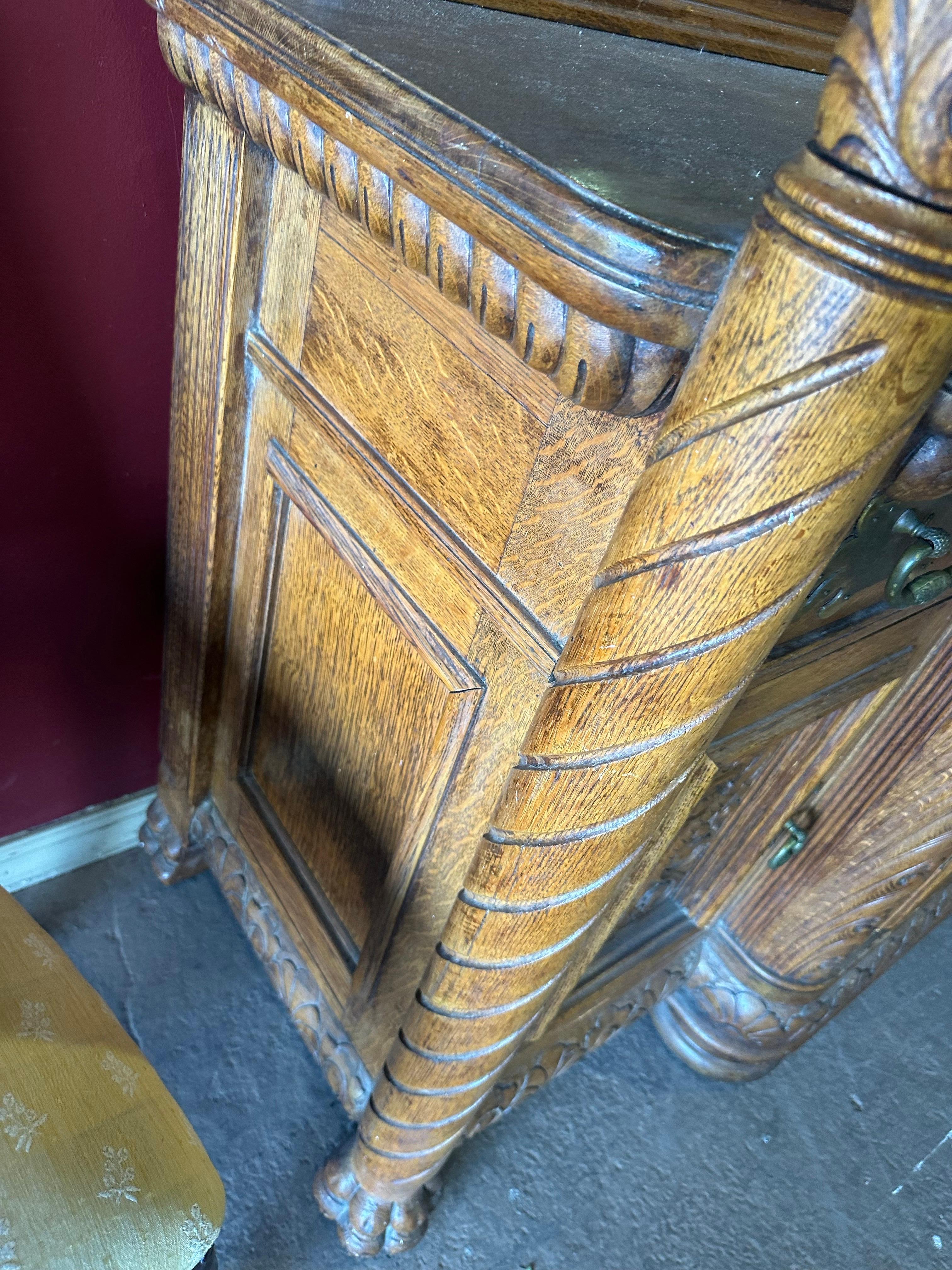Rare Figural Quarter Sawn Tiger Oak Victorian Breakfront Backbar Sideboard 7