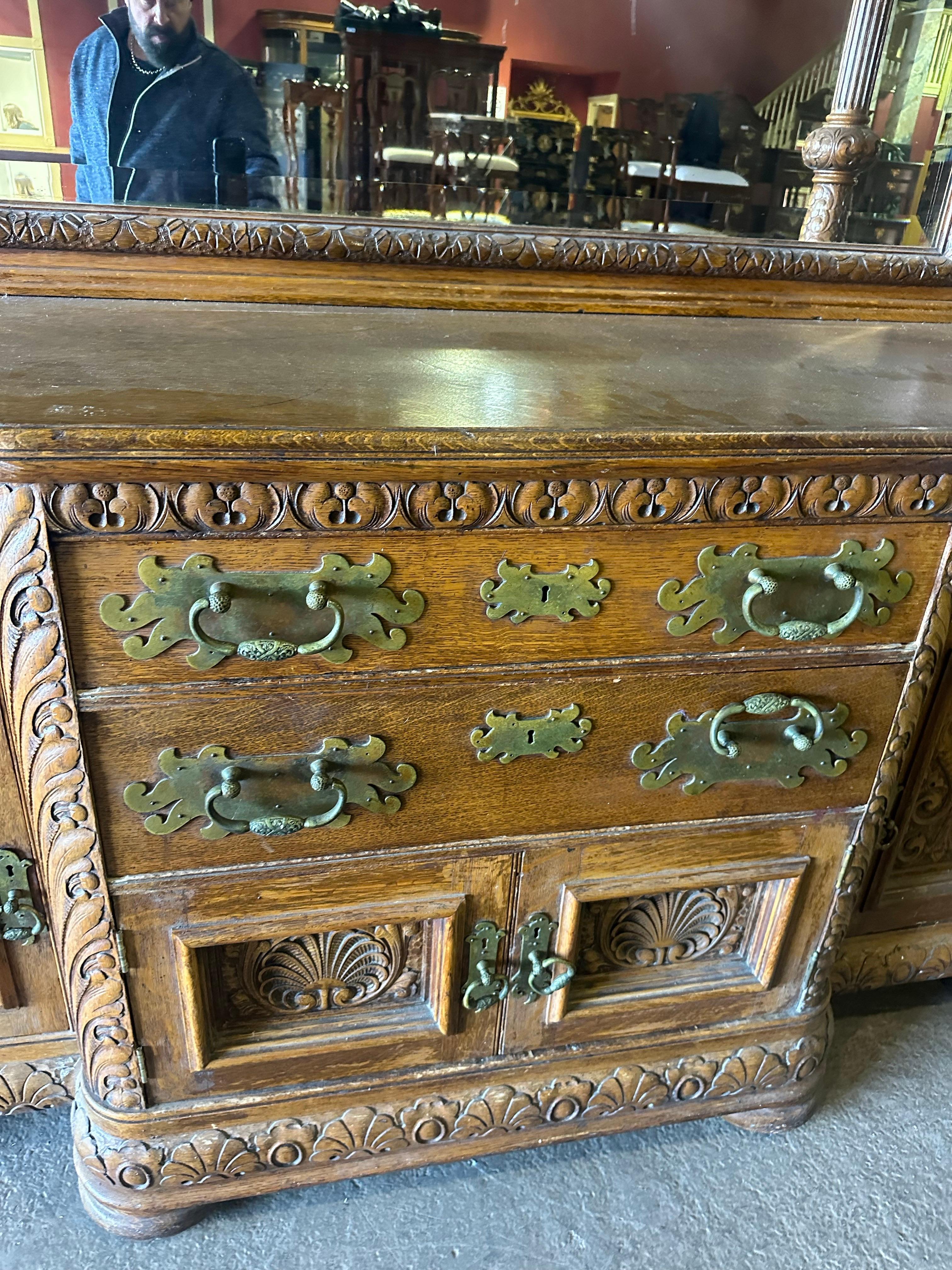 Rare Figural Quarter Sawn Tiger Oak Victorian Breakfront Backbar Sideboard 9