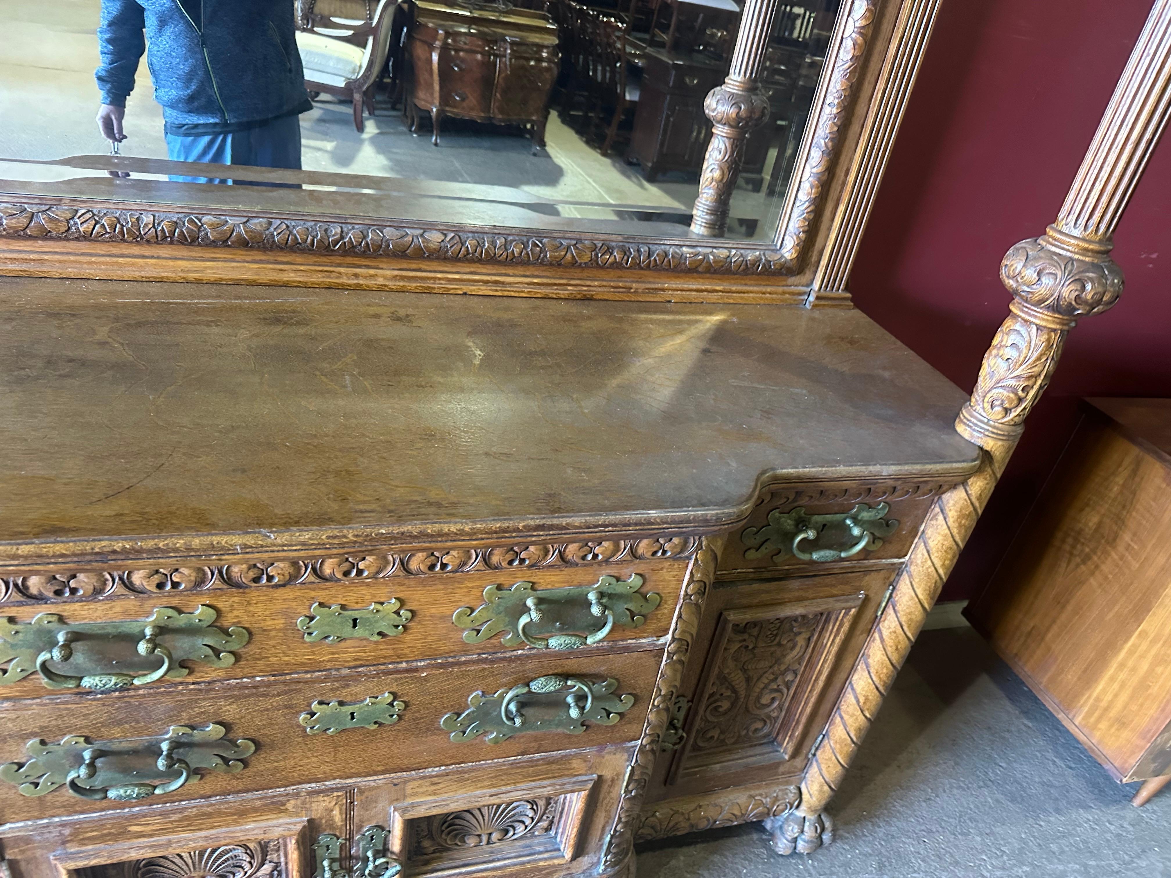 Rare Figural Quarter Sawn Tiger Oak Victorian Breakfront Backbar Sideboard 10