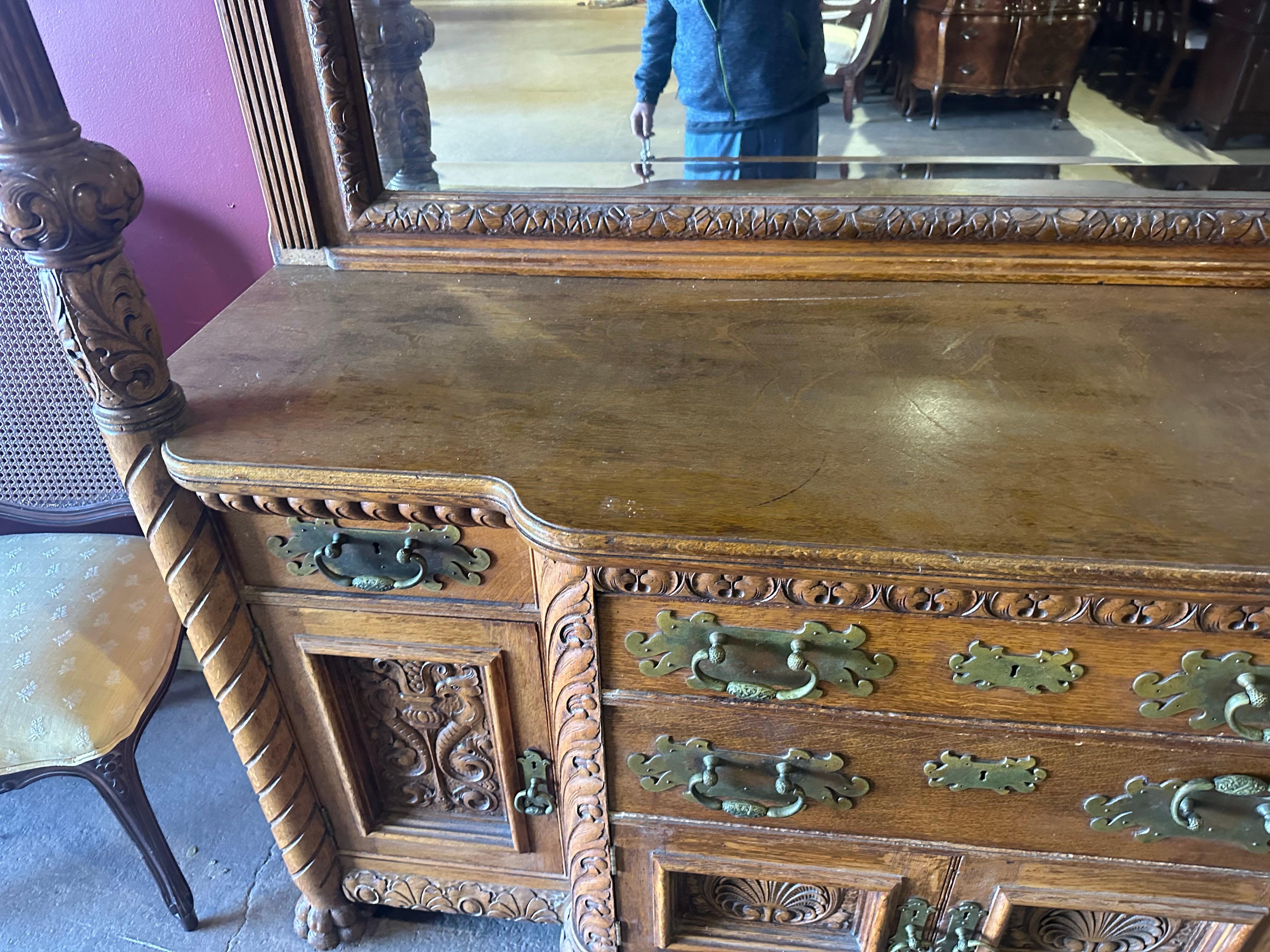 Rare Figural Quarter Sawn Tiger Oak Victorian Breakfront Backbar Sideboard 11