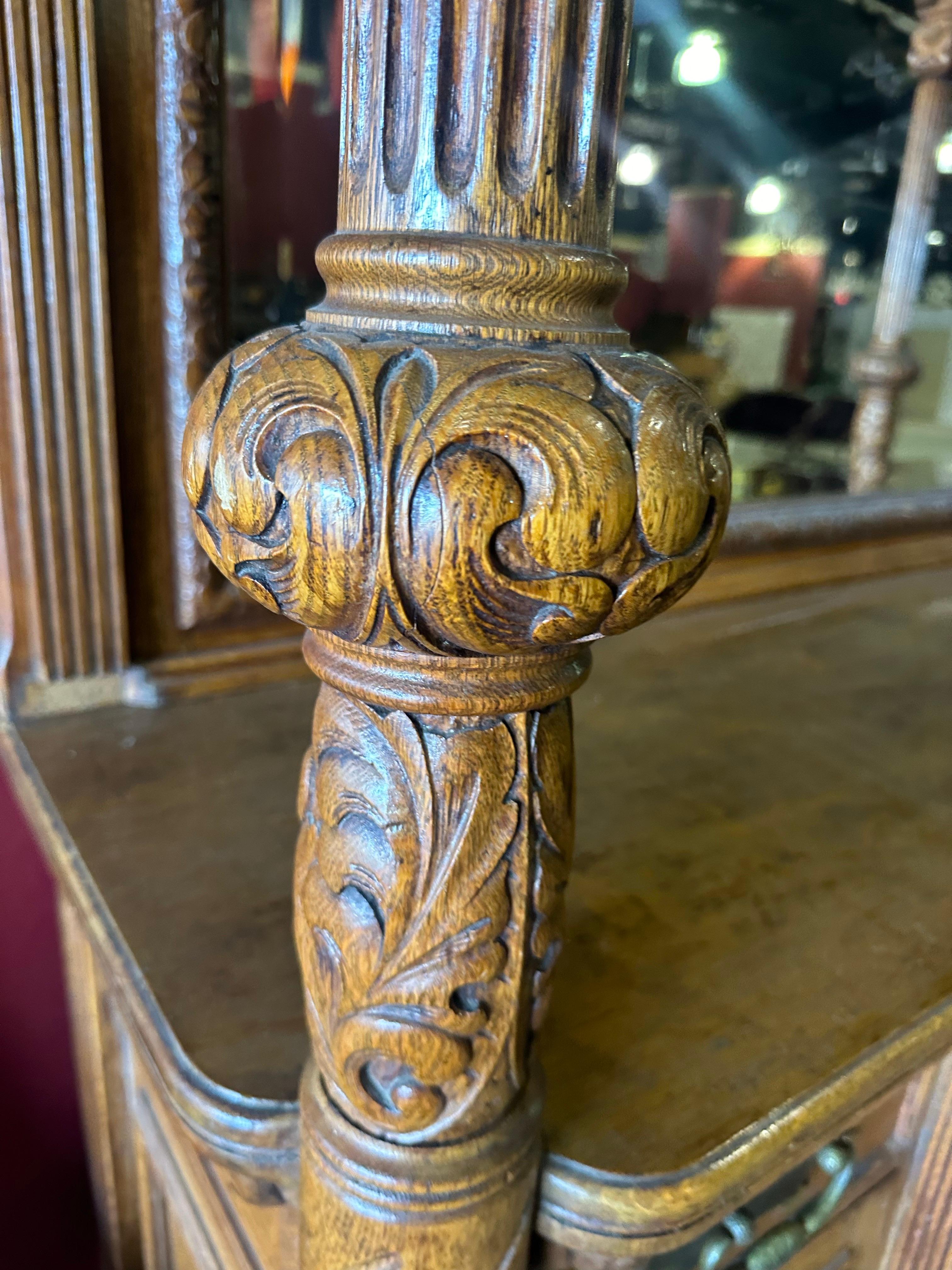 Brass Rare Figural Quarter Sawn Tiger Oak Victorian Breakfront Backbar Sideboard
