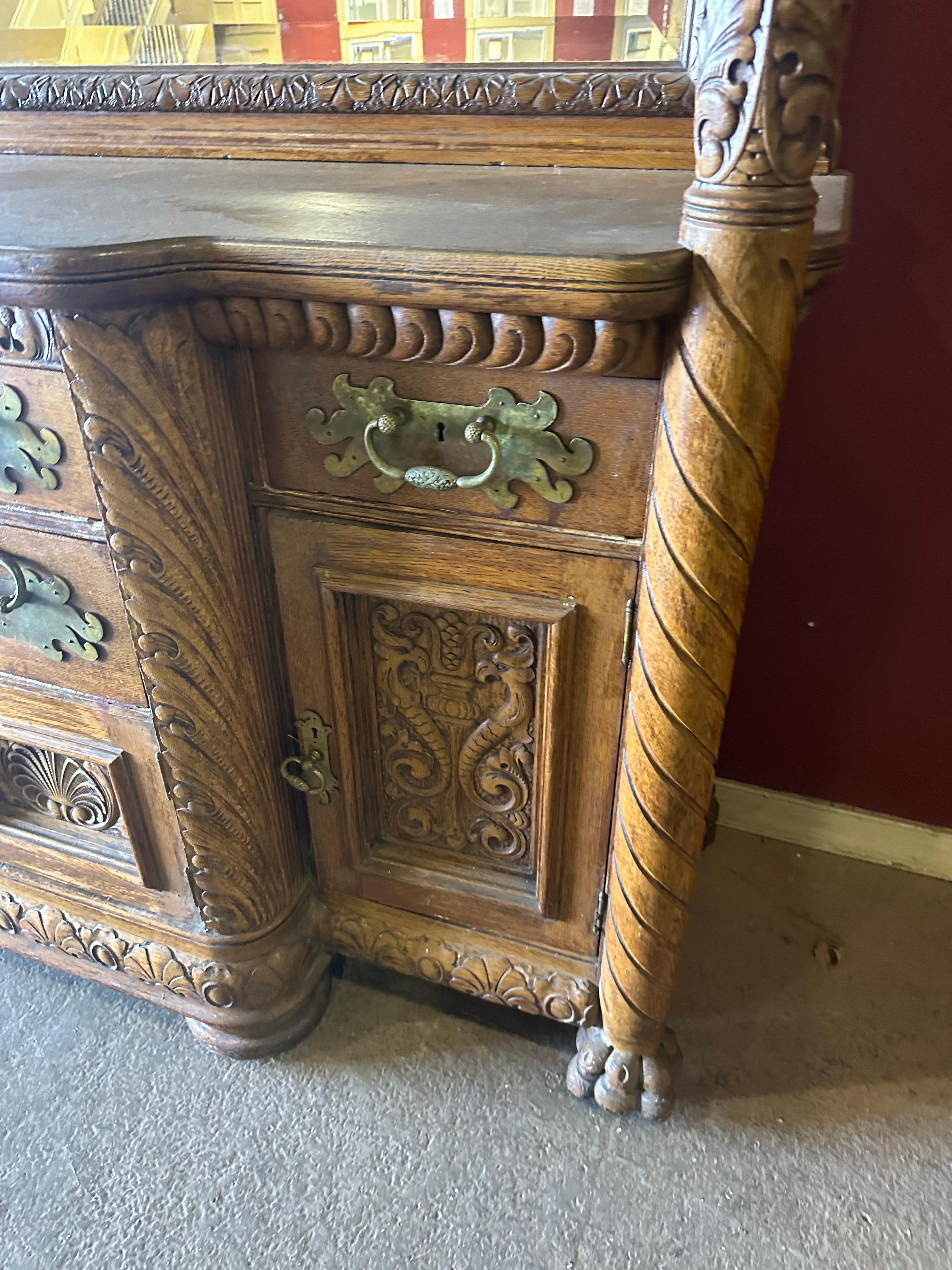 Rare Figural Quarter Sawn Tiger Oak Victorian Breakfront Backbar Sideboard 1