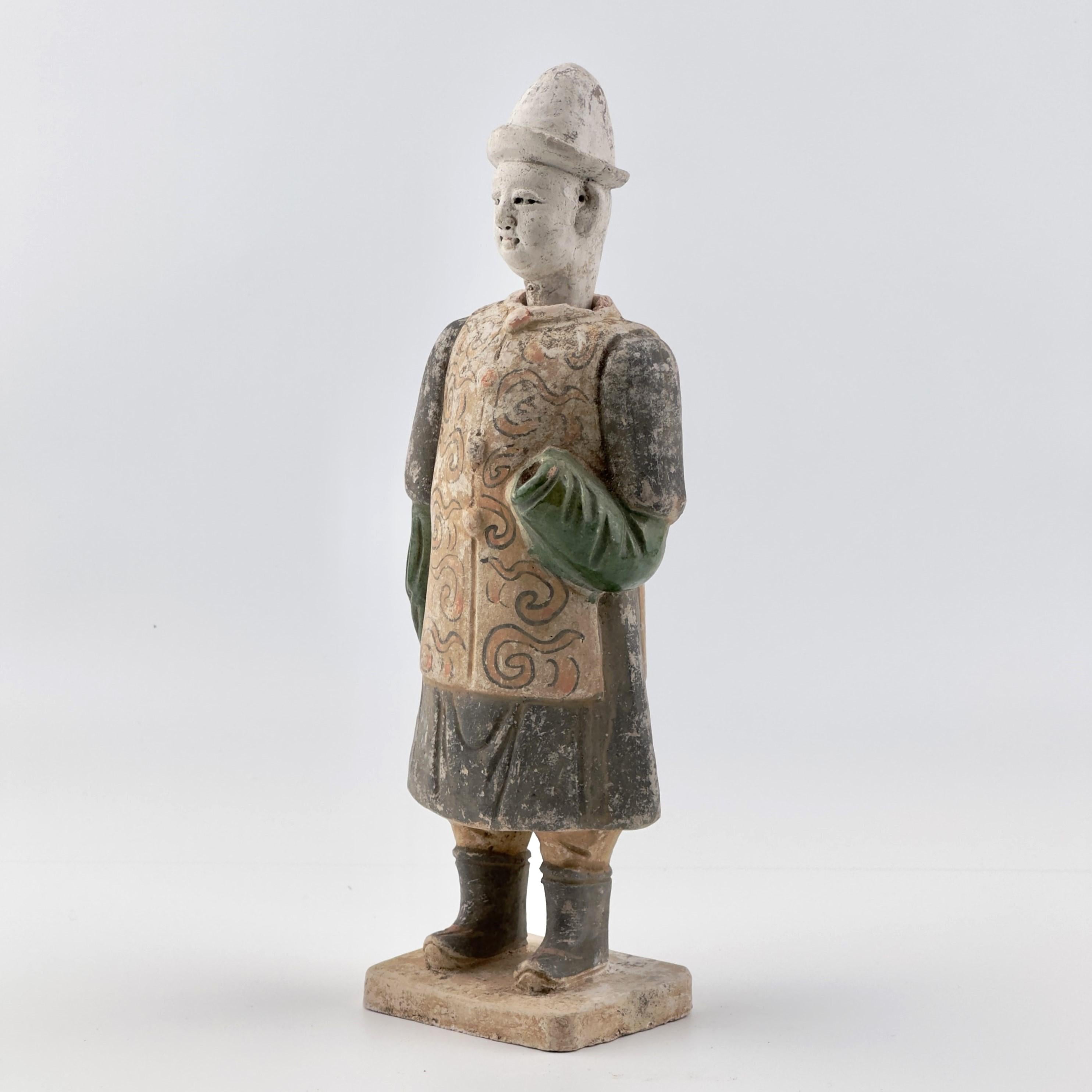 18th Century and Earlier Rare Figure of an Attendant Wearing Swirling Vest, Ming Dynasty(1368-1644) For Sale