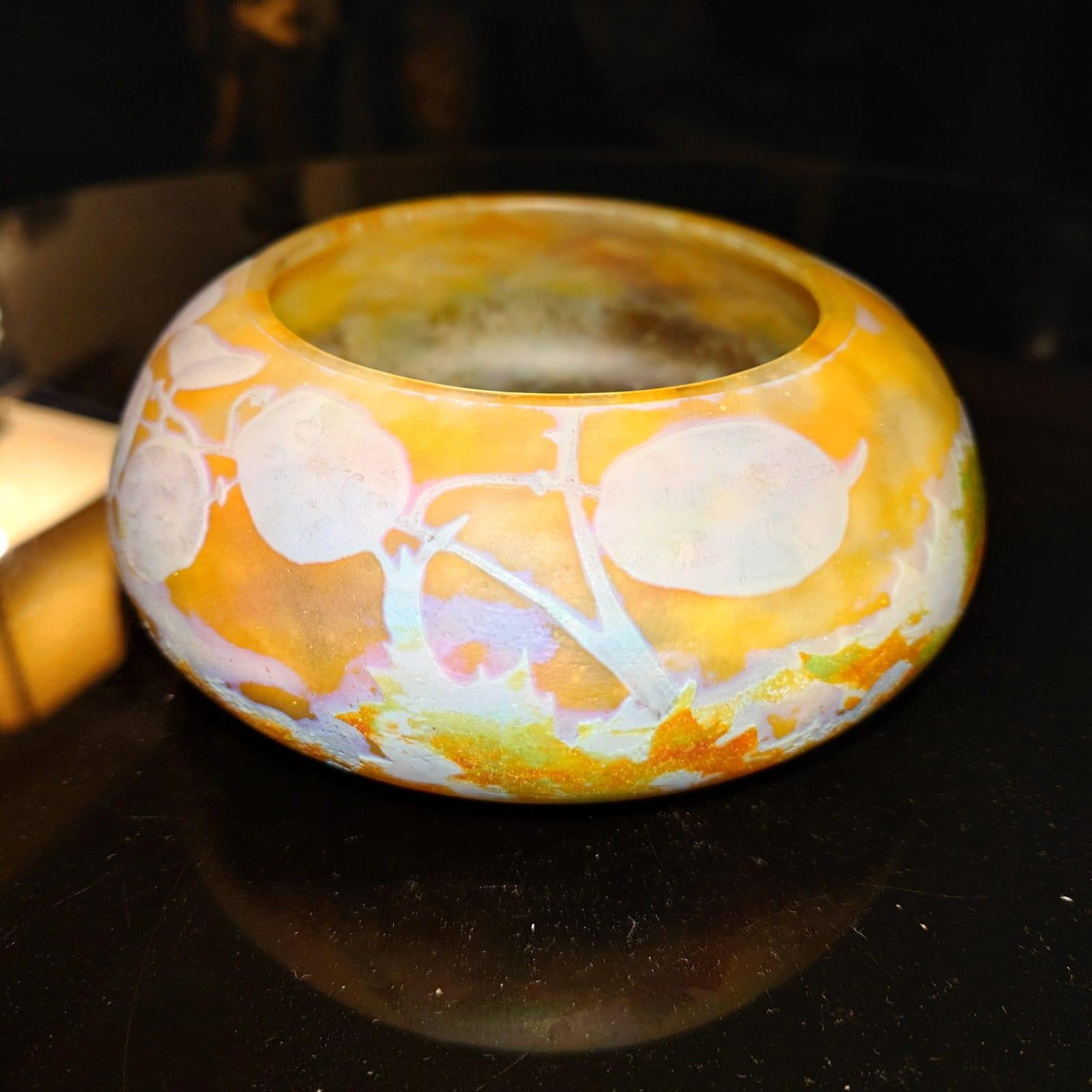 Early 20th Century Rare Find Art Nouveau Daum Cameo Glass Vitrified Monnaies du Pape Round Coupe For Sale