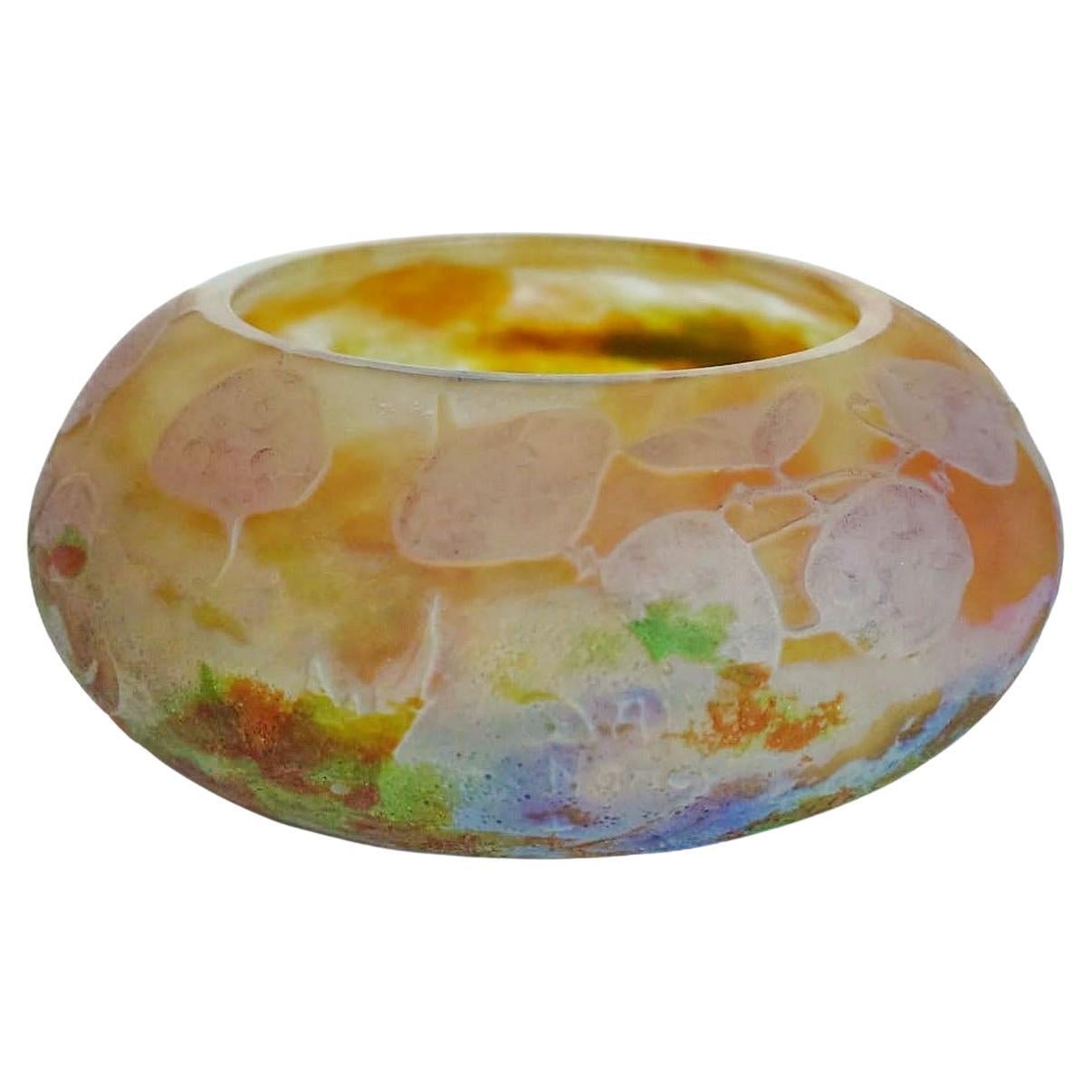 Rare Find Art Nouveau Daum Cameo Glass Vitrified Monnaies du Pape Round Coupe For Sale
