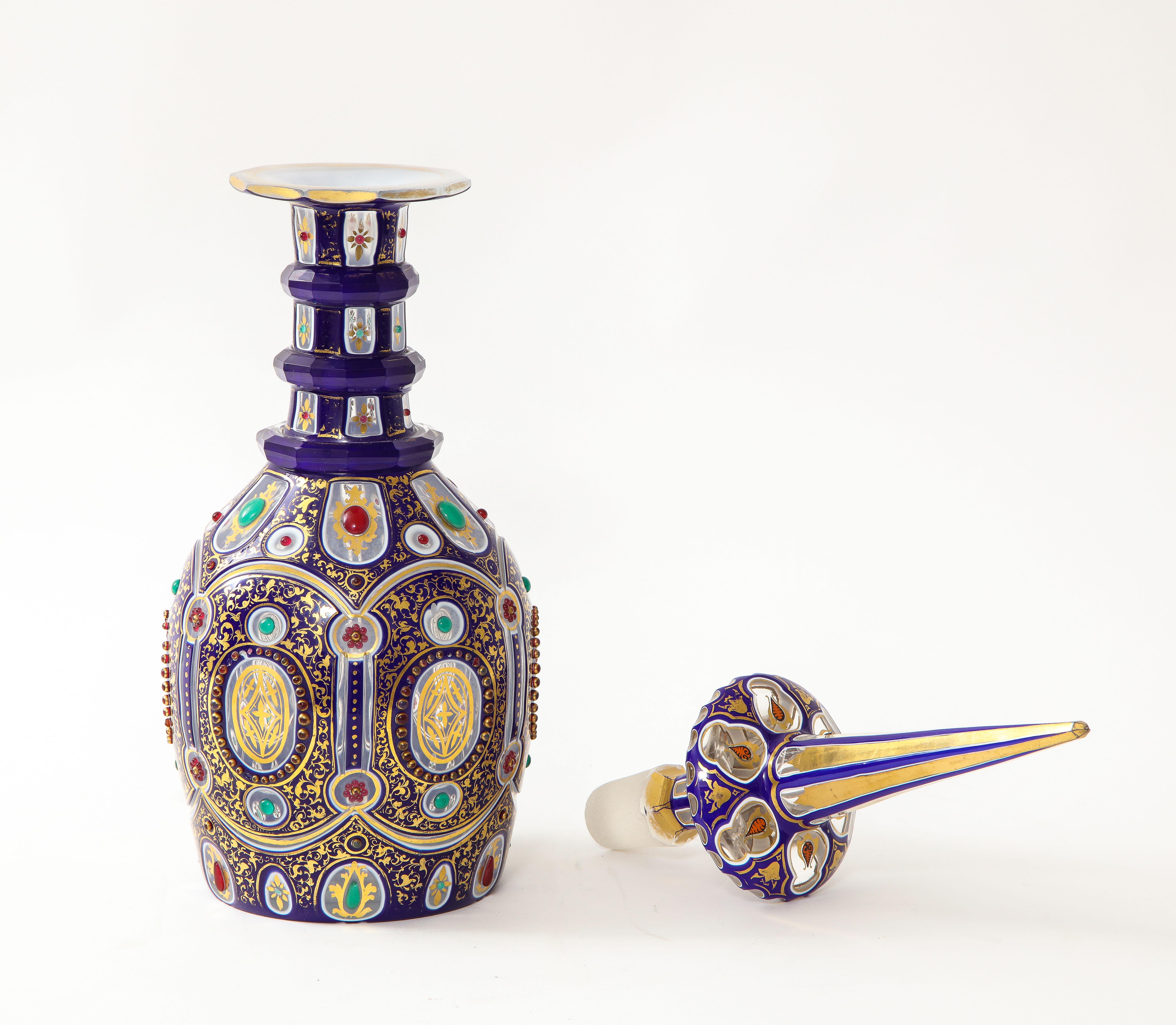 Rare/Fine 19th C. Bohemian Triple Overlay Crystal Jeweled and Covered Decanter For Sale 4