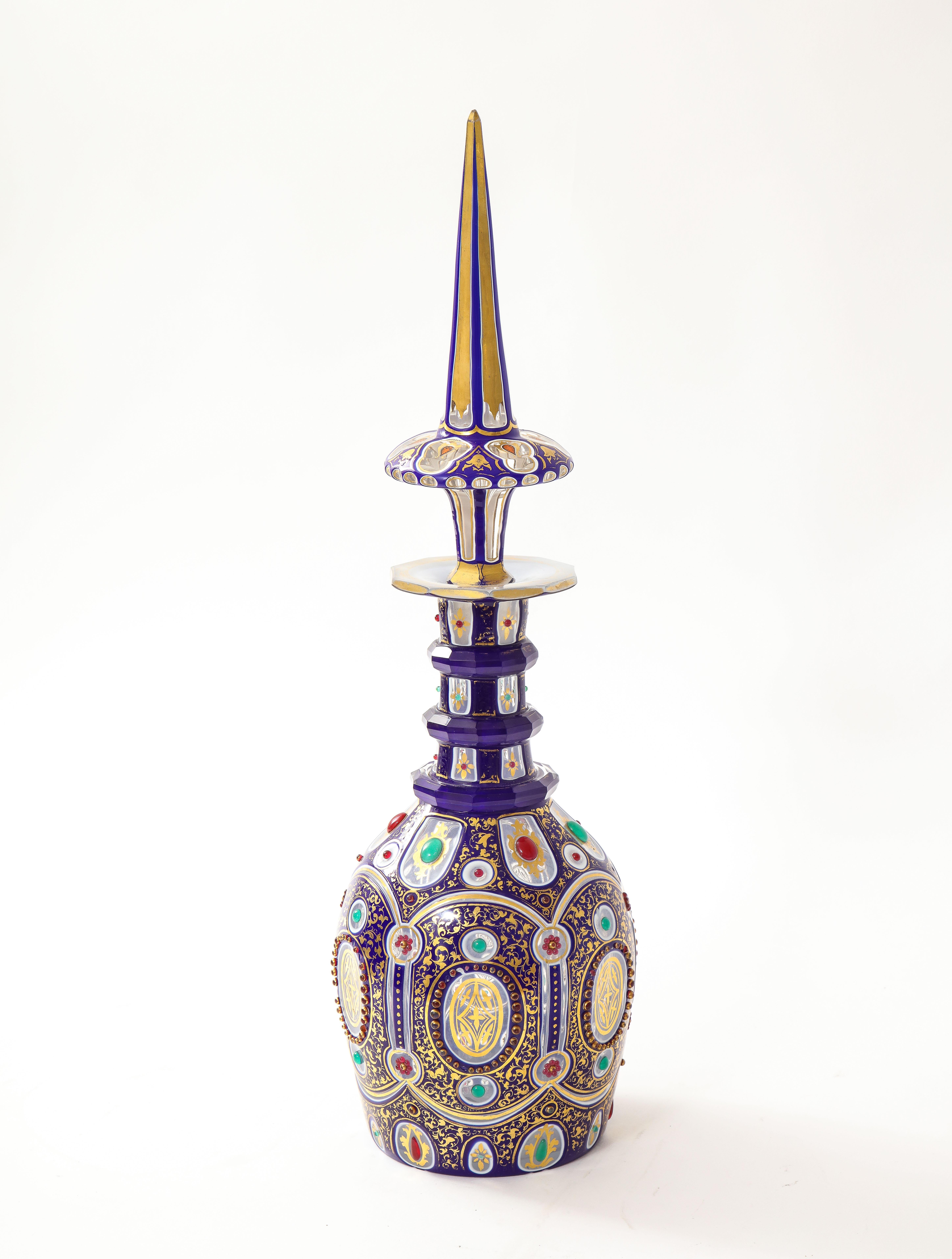 Islamic Rare/Fine 19th C. Bohemian Triple Overlay Crystal Jeweled and Covered Decanter For Sale