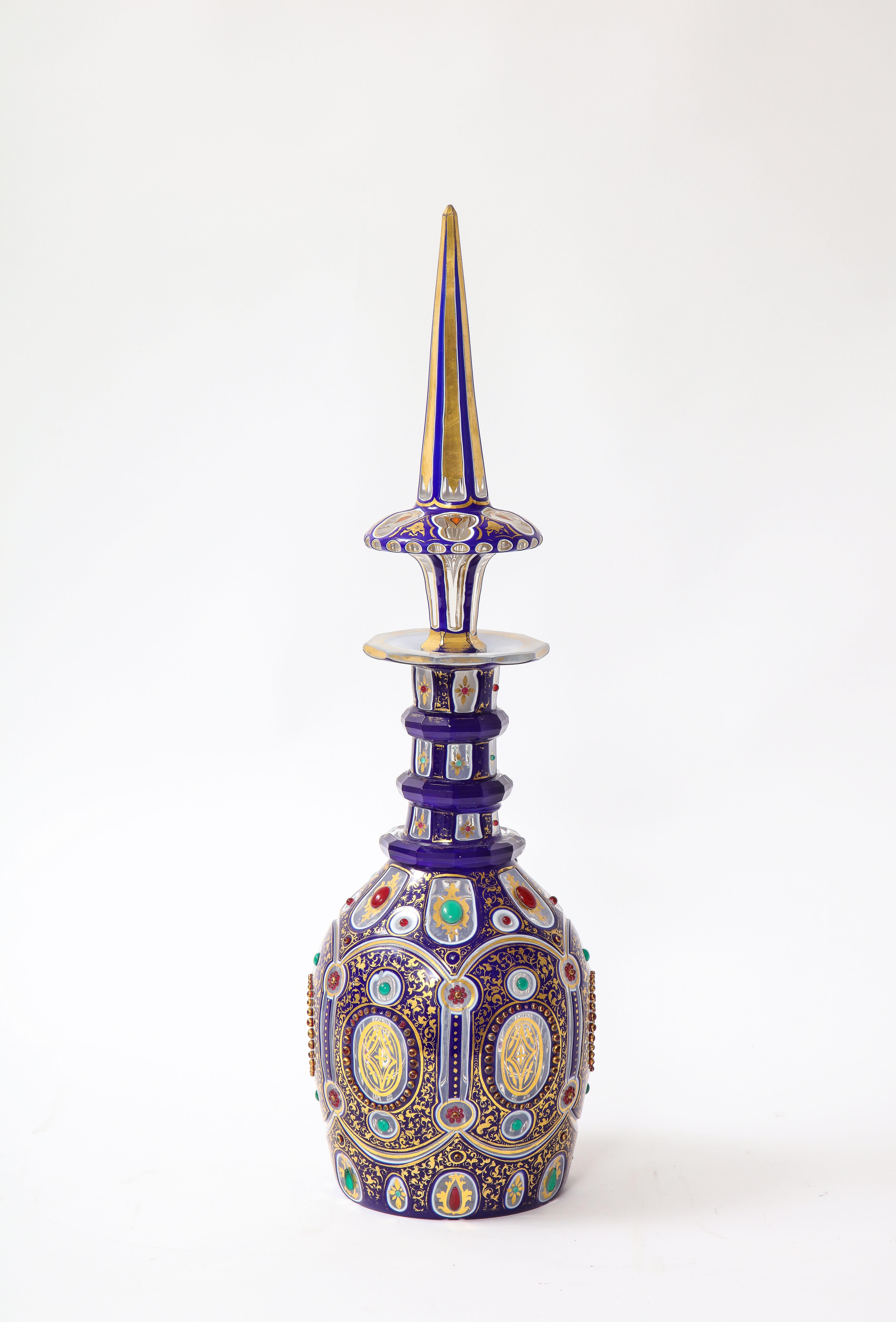 Czech Rare/Fine 19th C. Bohemian Triple Overlay Crystal Jeweled and Covered Decanter For Sale