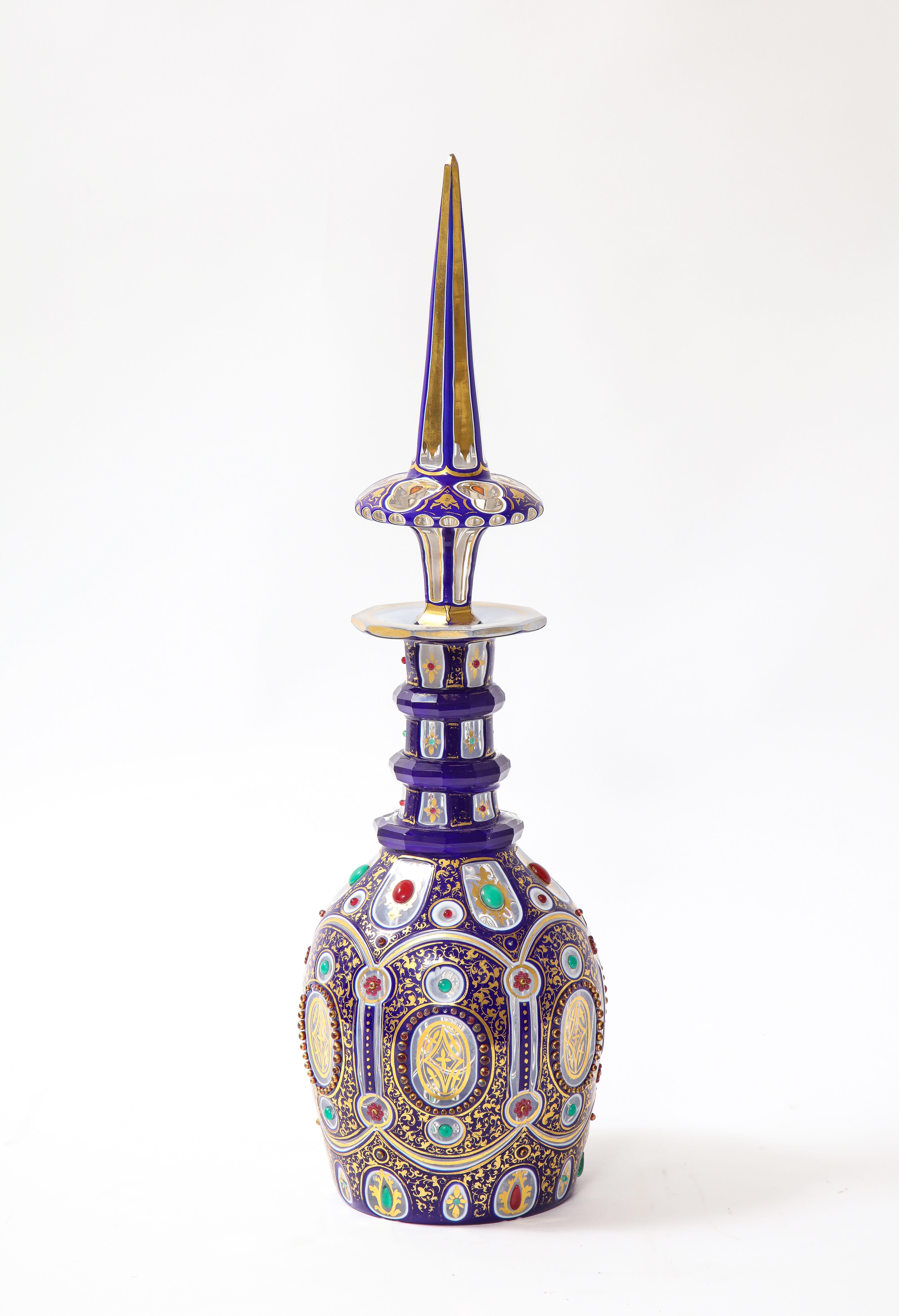 Hand-Carved Rare/Fine 19th C. Bohemian Triple Overlay Crystal Jeweled and Covered Decanter For Sale