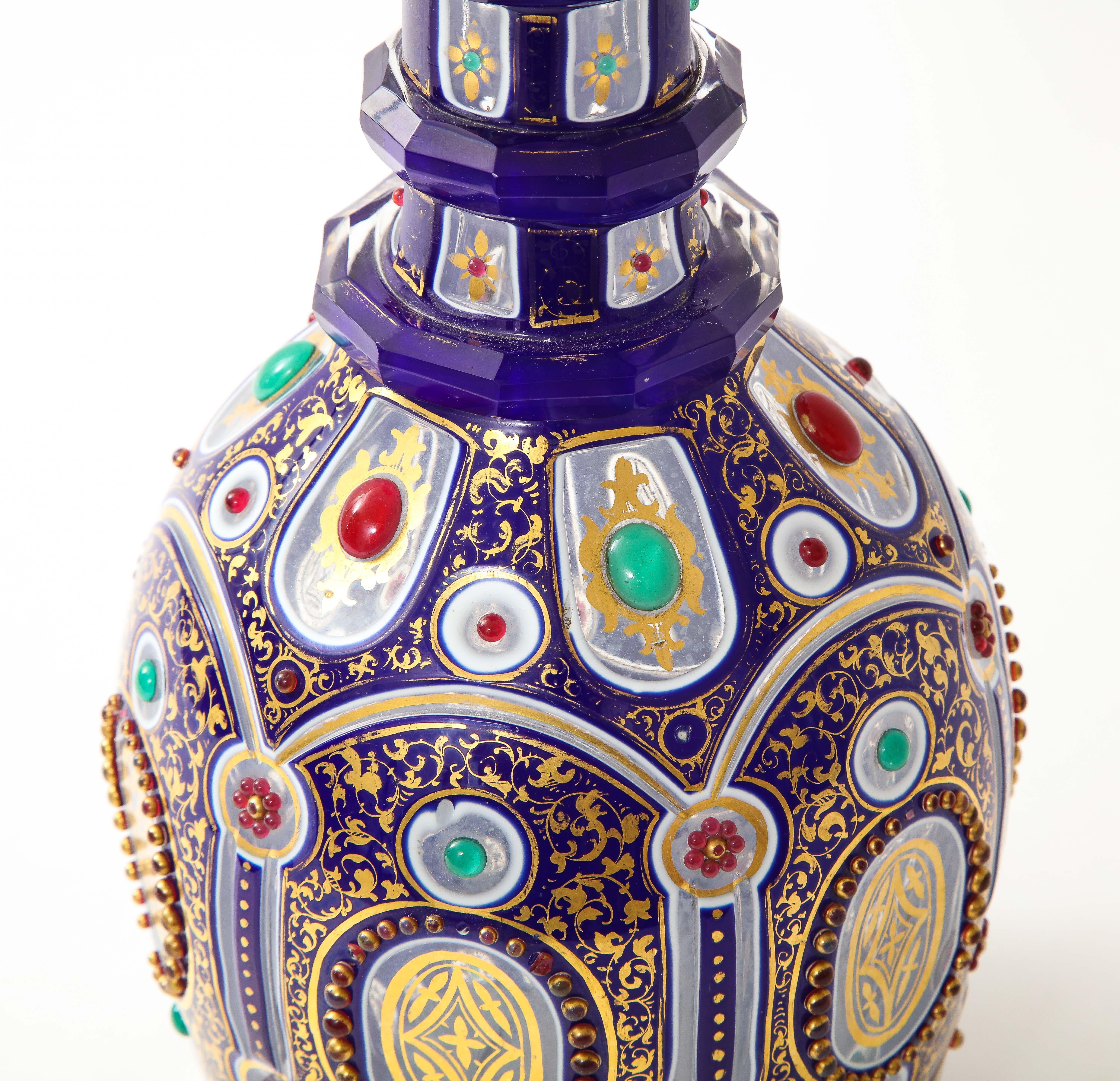 Rare/Fine 19th C. Bohemian Triple Overlay Crystal Jeweled and Covered Decanter For Sale 1