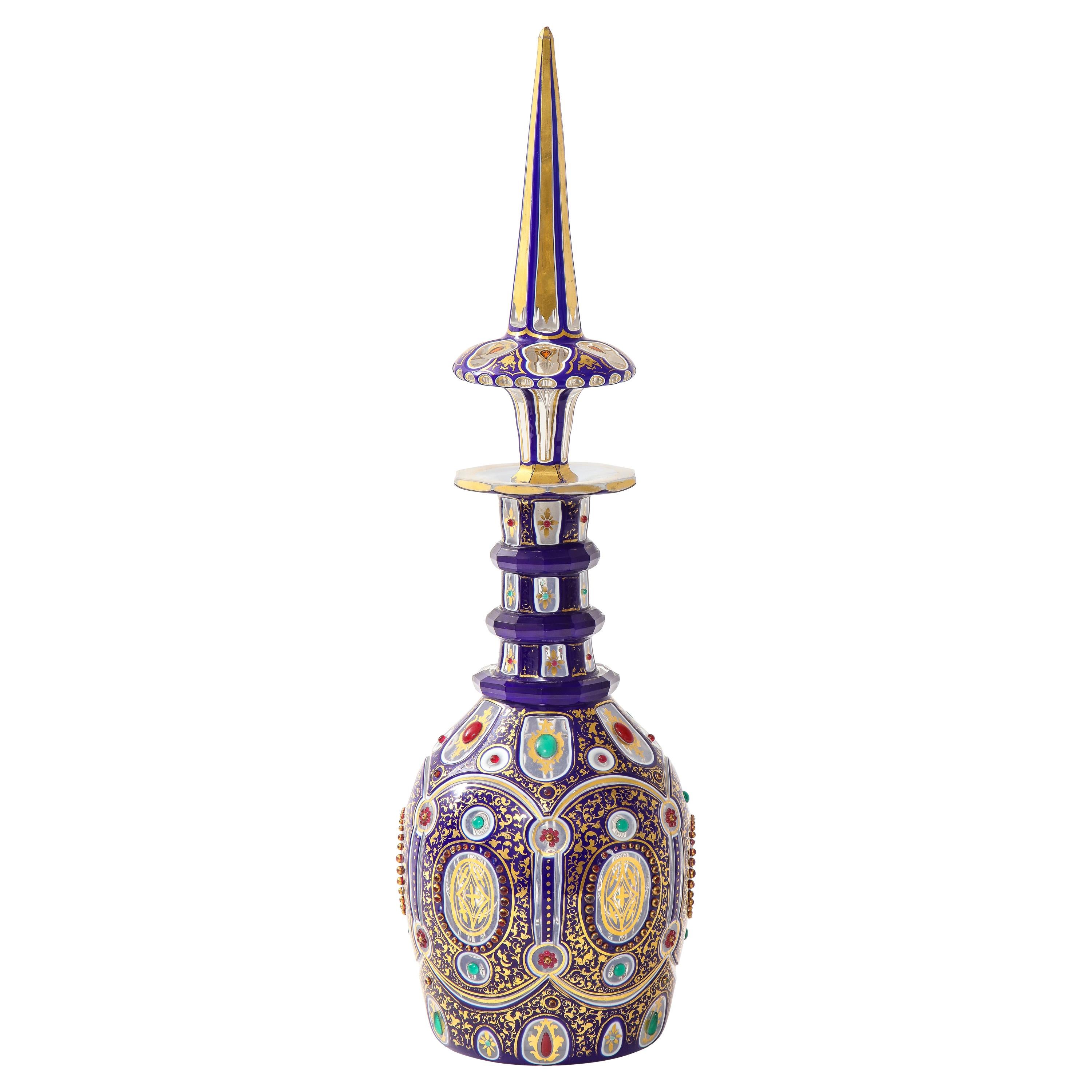 Rare/Fine 19th C. Bohemian Triple Overlay Crystal Jeweled and Covered Decanter For Sale