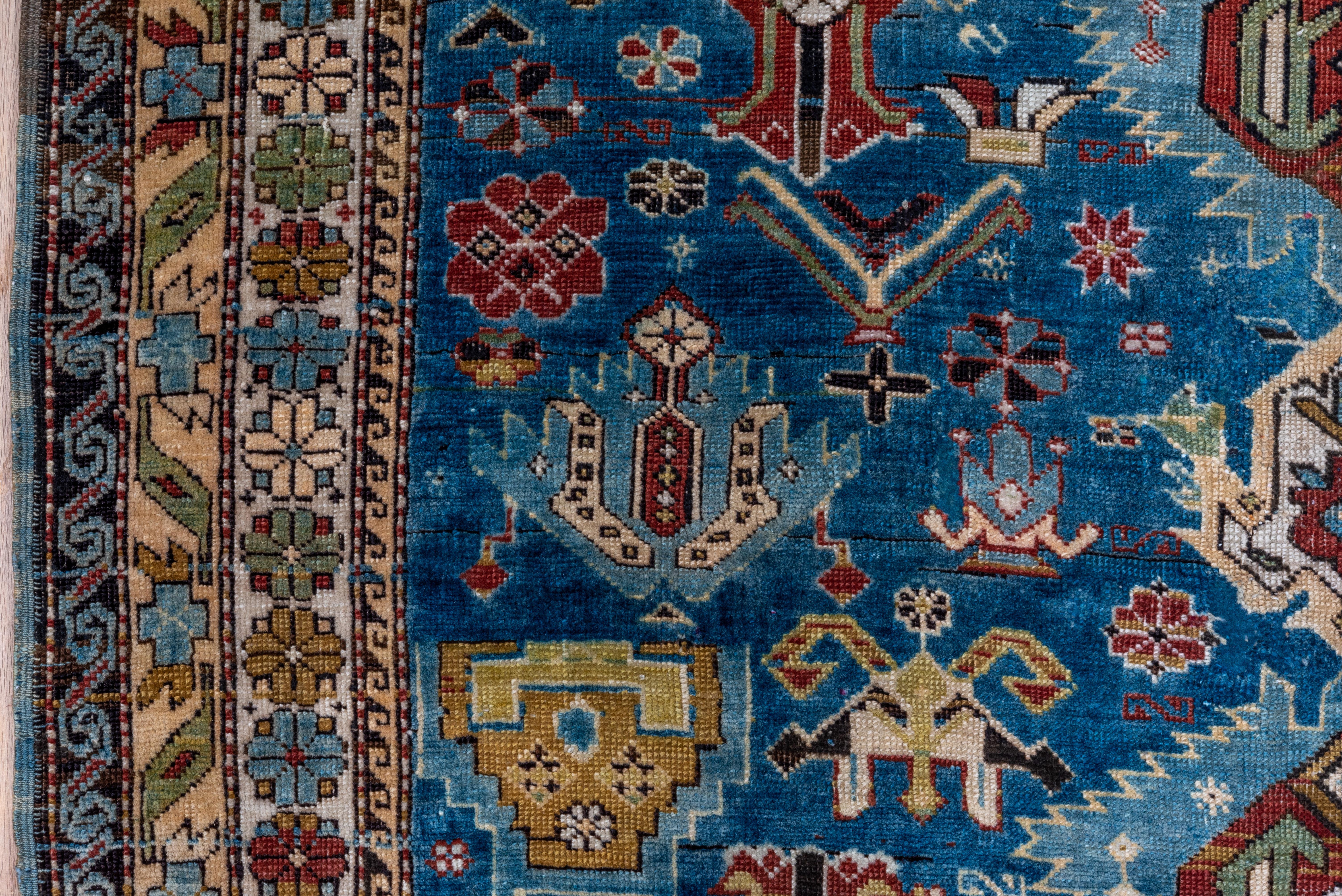 Early 20th Century Rare and Fine Antique Caucasian Kuba Area Rug, Mint Condition, Bright Blue Field For Sale