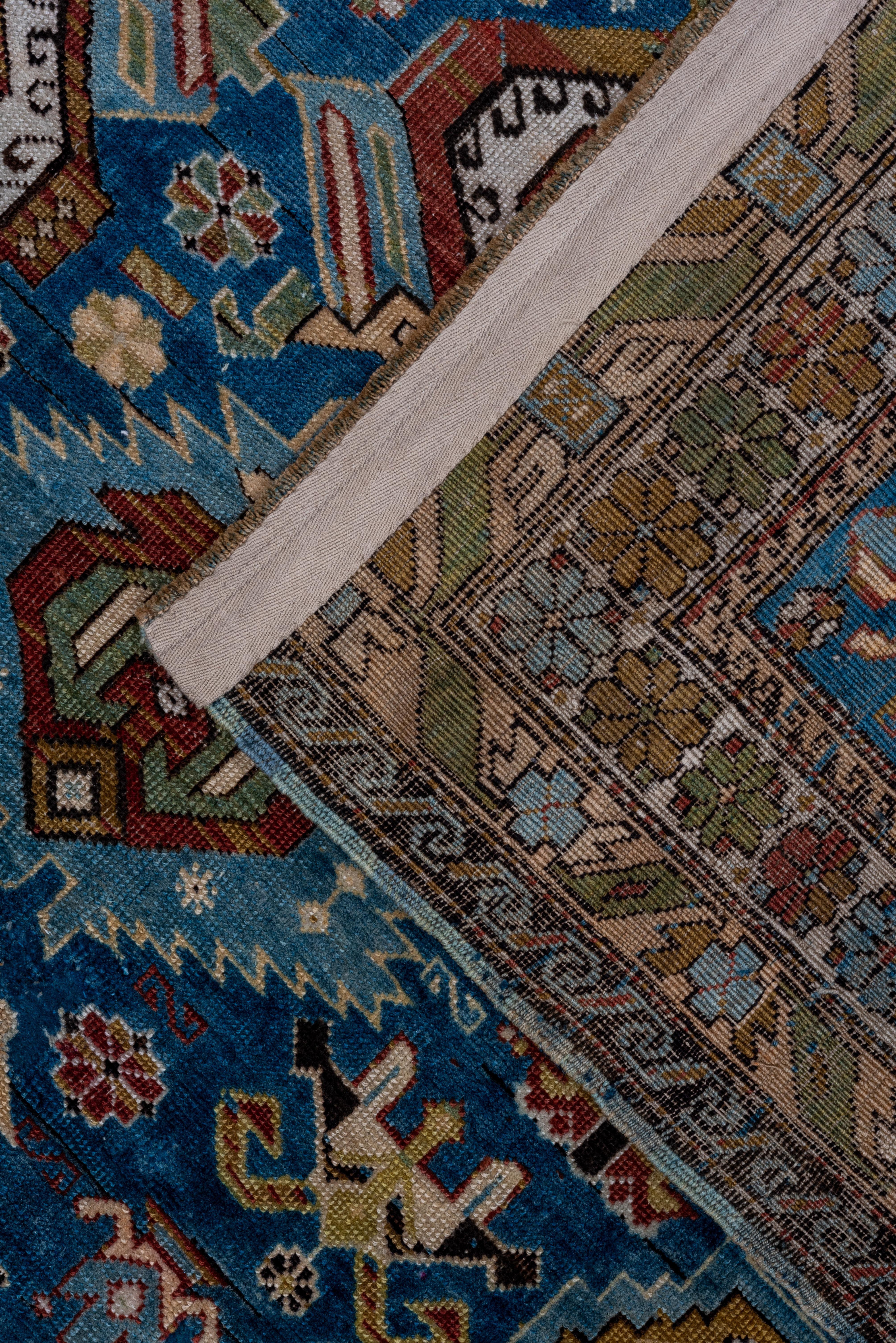 Wool Rare and Fine Antique Caucasian Kuba Area Rug, Mint Condition, Bright Blue Field For Sale