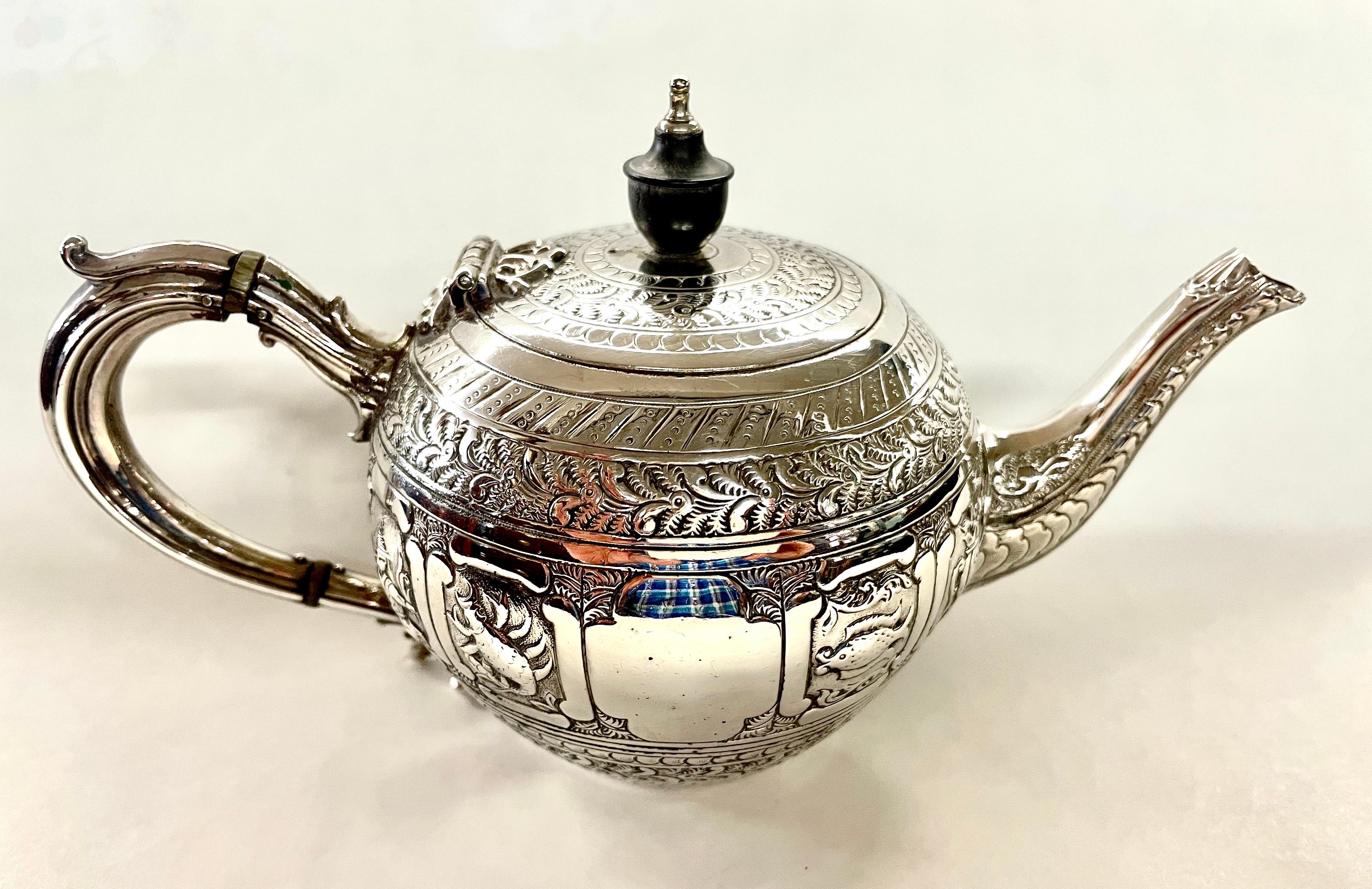 A very highly sought after silversmith and pattern, this Zodiacal/Astrological 3 piece silver plated HAND CHASED Tea Set was made by the Royal Warranted silversmith, Elkington & Company, of Birmingham (UK), inventors of electroplated silver ware