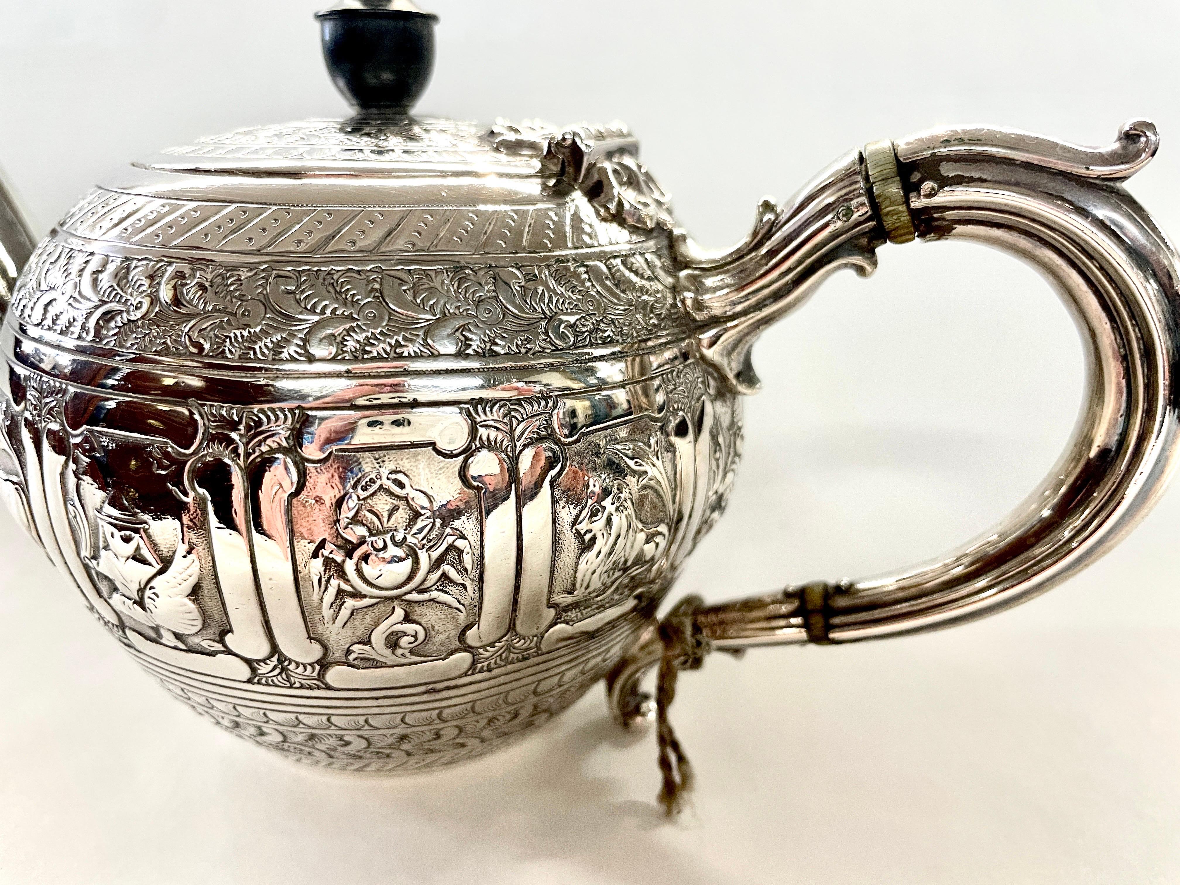 Victorian Rare & Fine Antique English Elkington Silver Plate 3pc. Zodiac Tea for 2 Teaset
