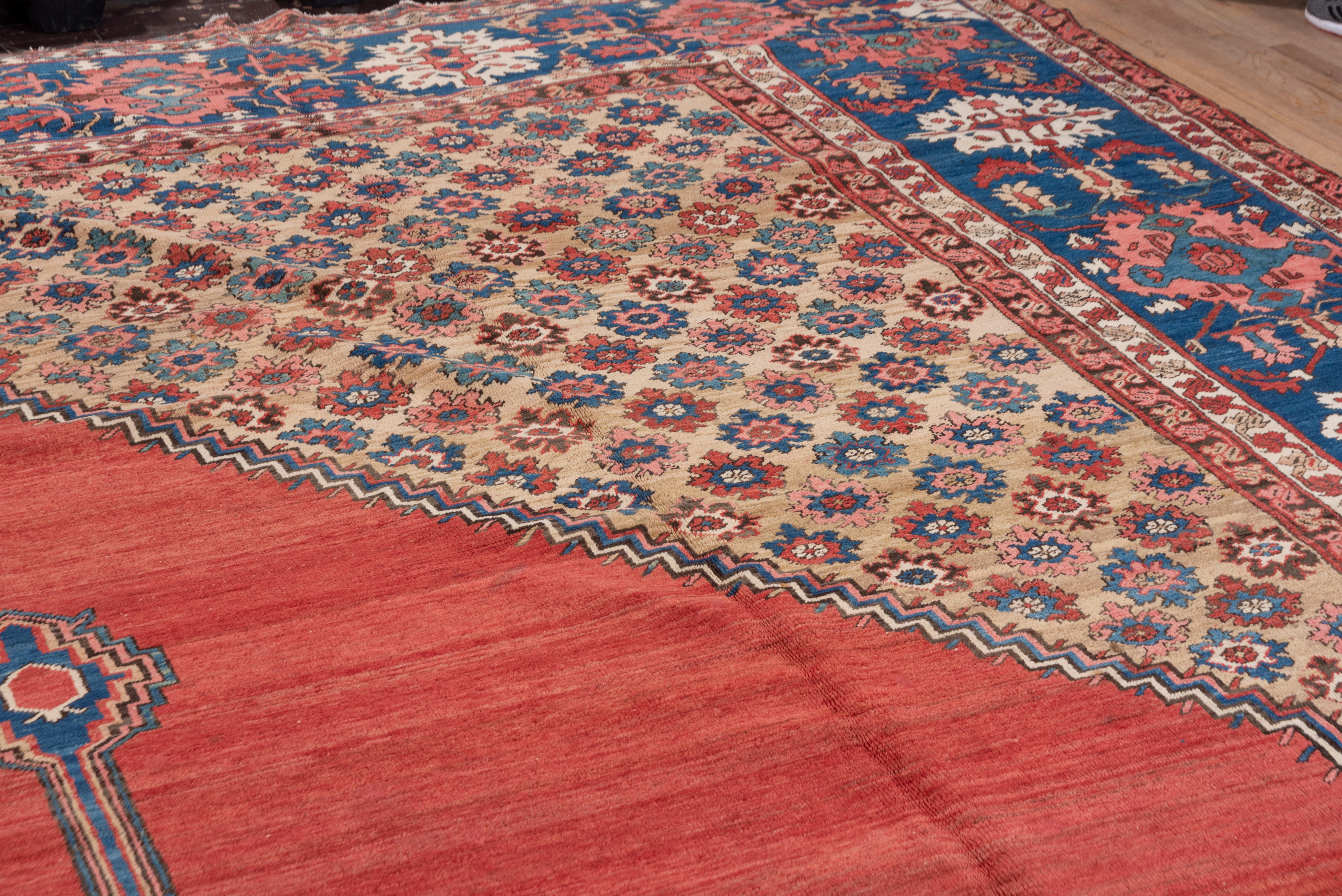 Wool Rare Fine Antique Persian Serapi Mansion Carpet, Bright Colors, Blue Border