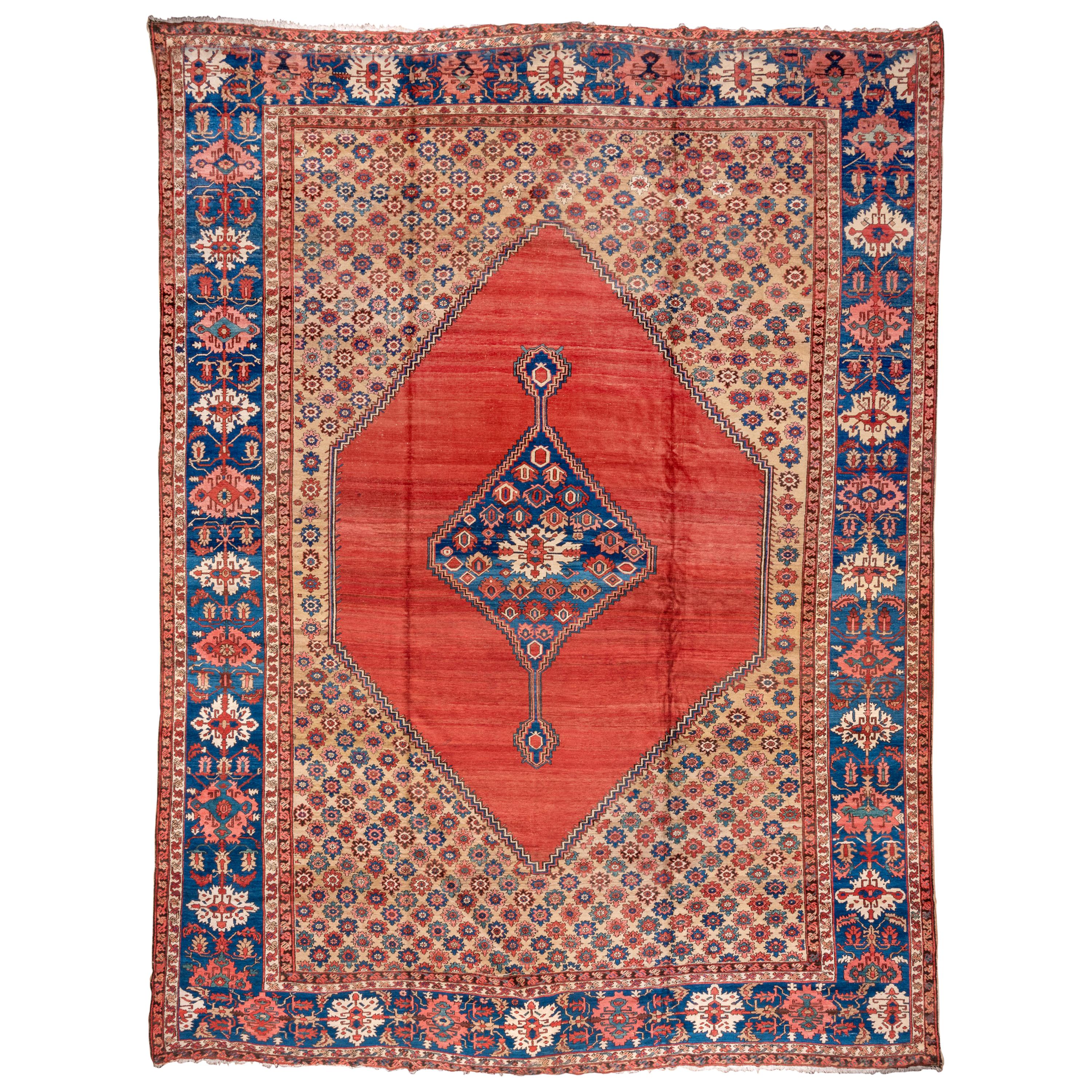 Rare Fine Antique Persian Serapi Mansion Carpet, Bright Colors, Blue Border