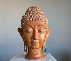 Rare Fine Hand-Carved Wooden Buddha Head Sculpture – Serene Expression – India