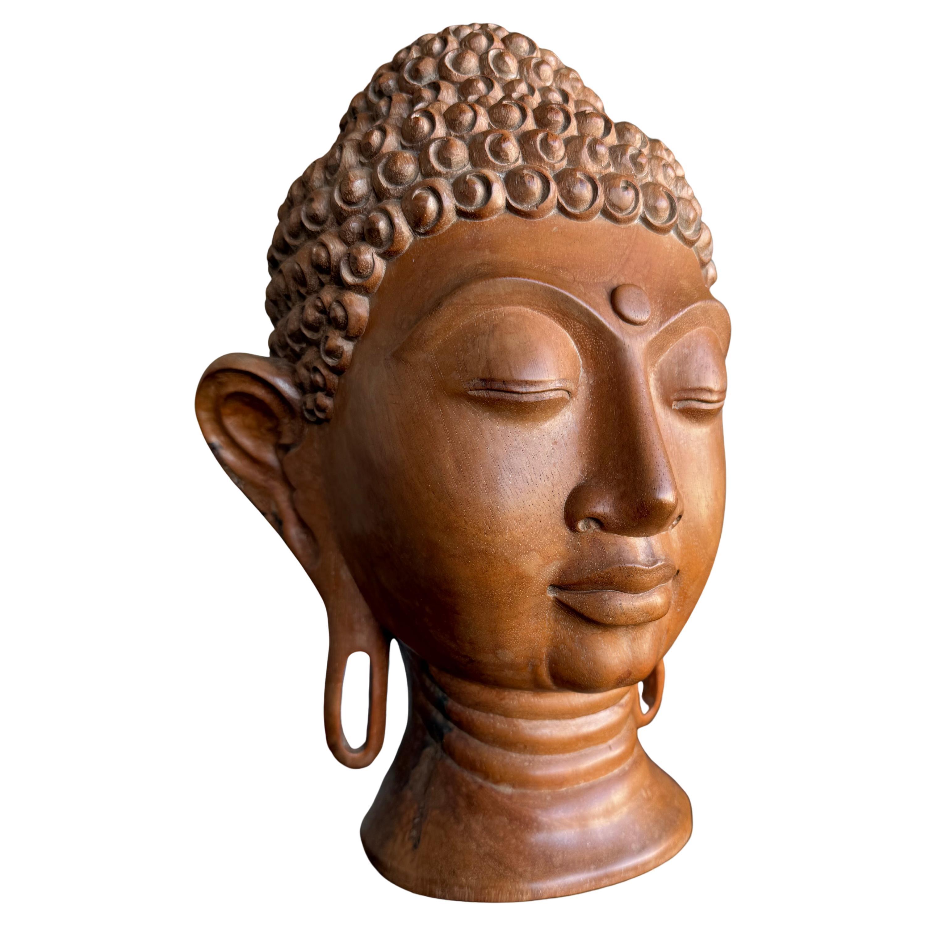 Rare Fine Hand-Carved Wooden Buddha Head Sculpture – Serene Expression – India