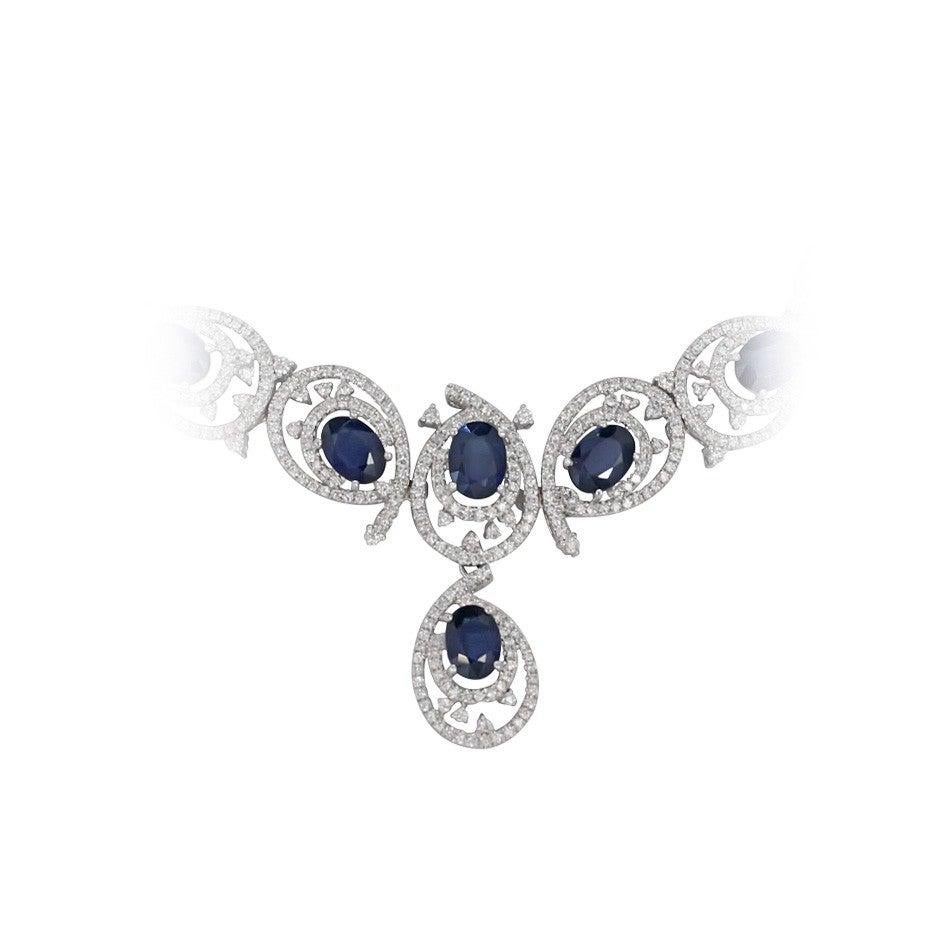 Oval Cut Rare Fine Jewellery Blue Sapphire Diamond White Gold Drop Link Necklace For Sale