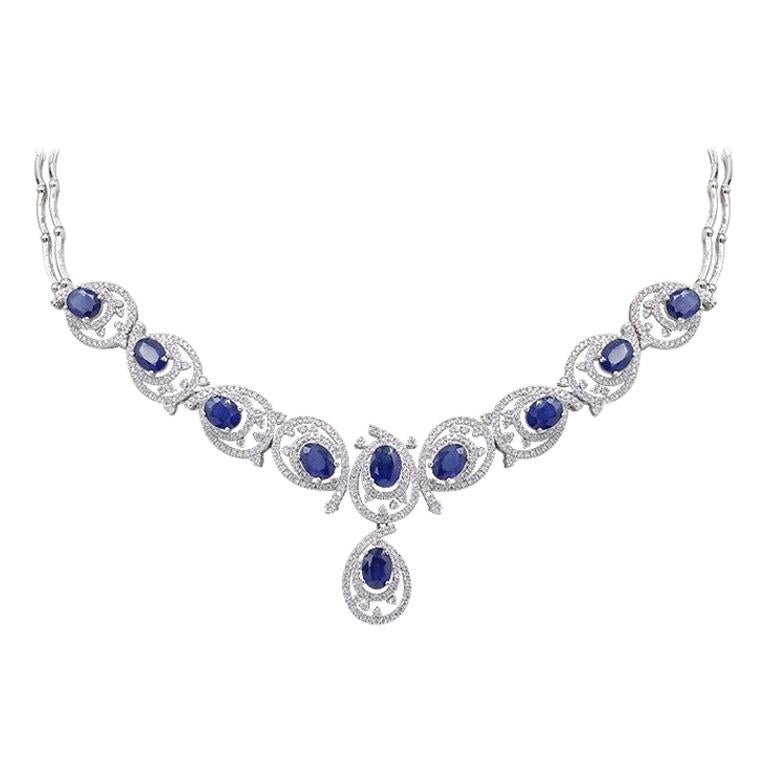 Rare Fine Jewellery Blue Sapphire Diamond White Gold Drop Link Necklace For Sale