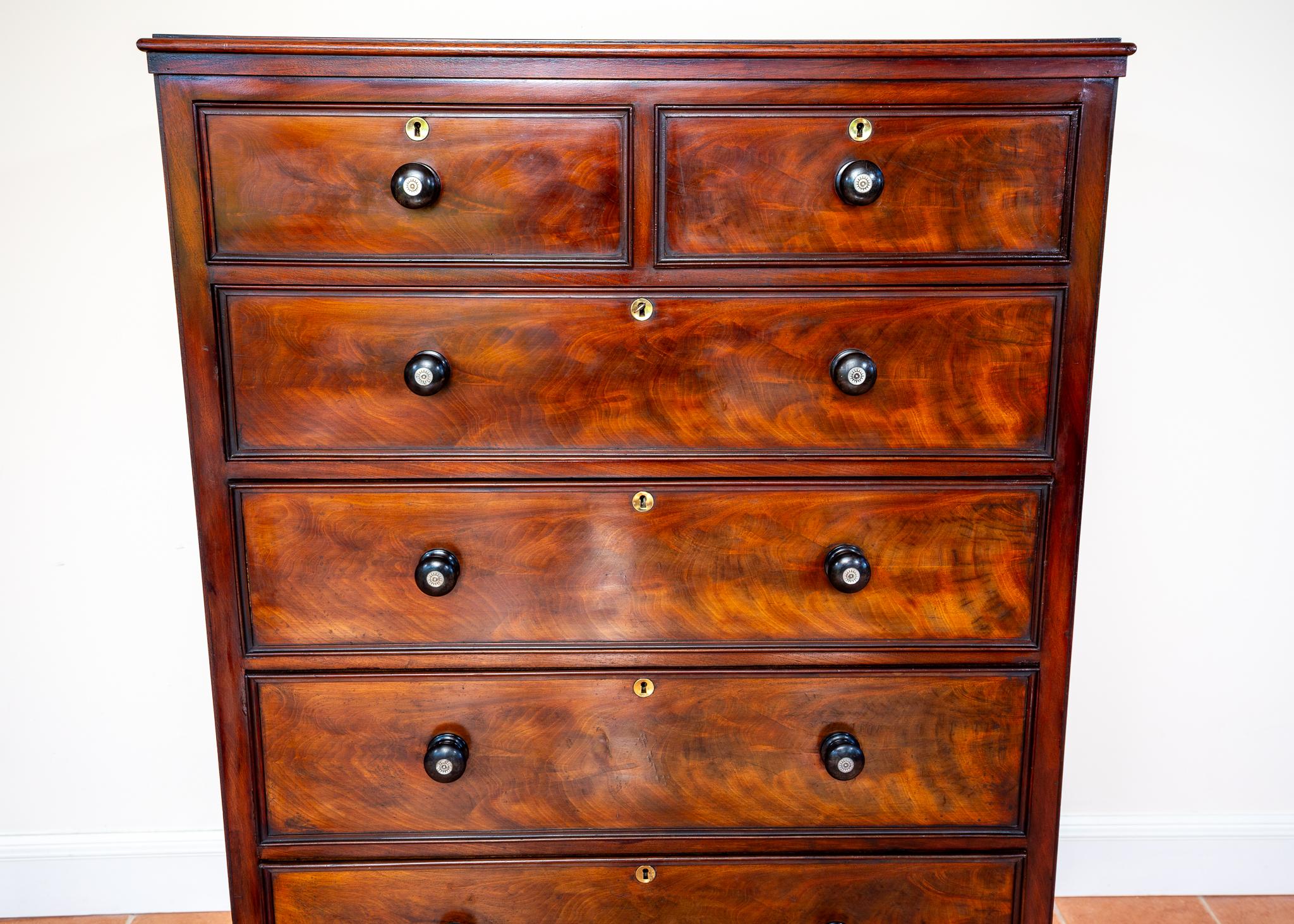 Rare Fine Tall Chest Of Drawers Flame Mahogany 19th Century Victorian 7 Drawers For Sale 4