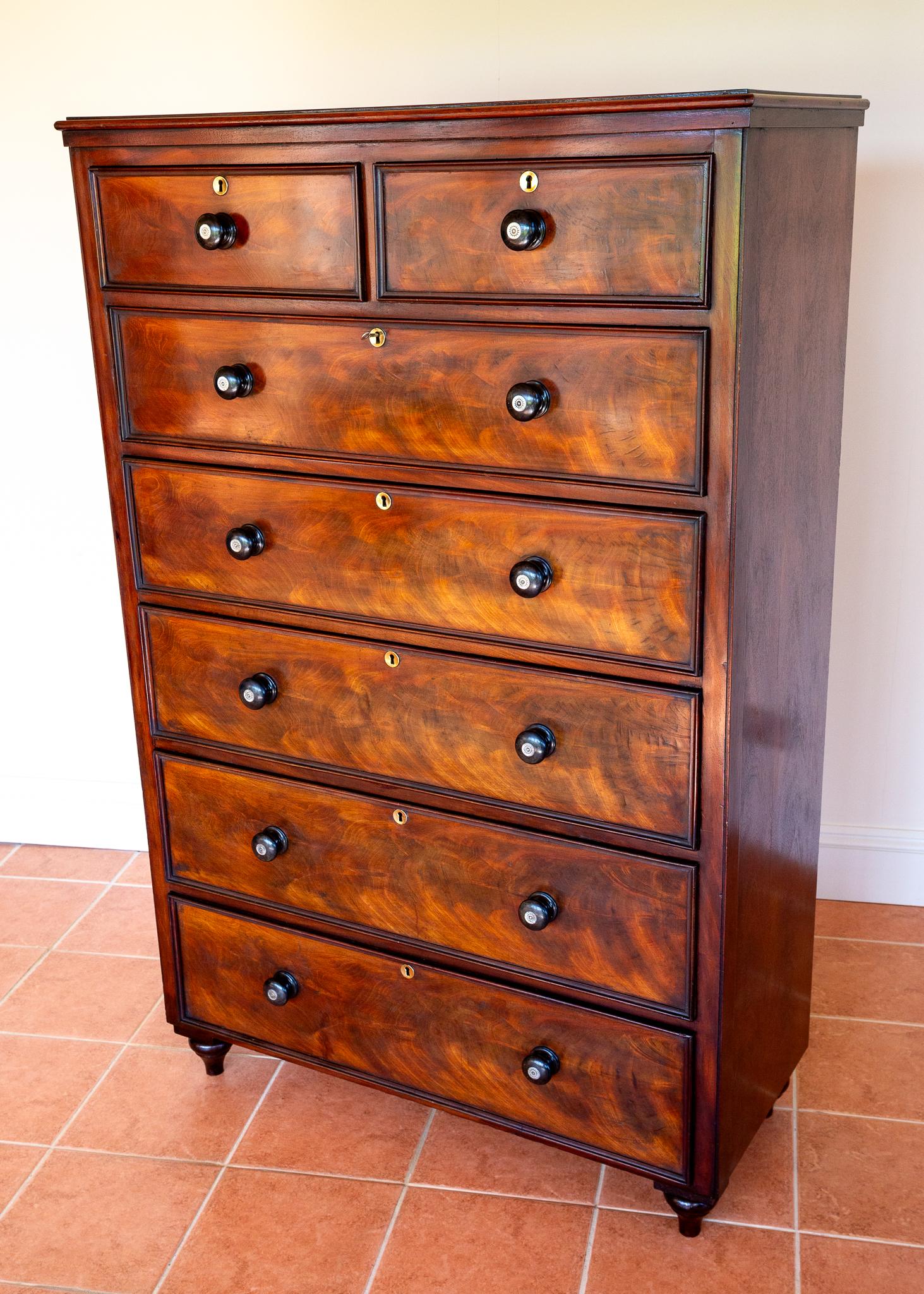 Rare Fine Tall Chest Of Drawers Flame Mahogany 19th Century Victorian 7 Drawers For Sale 5