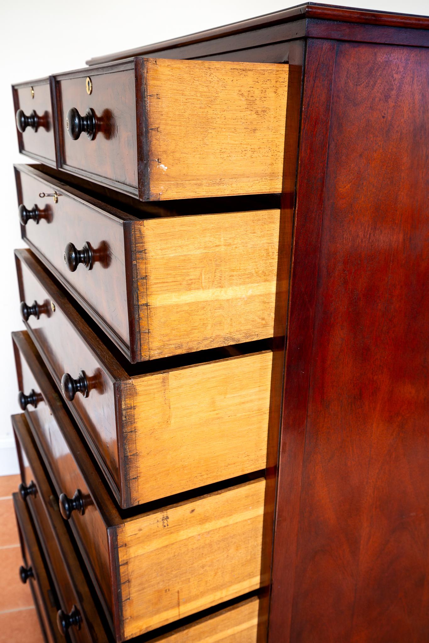 Rare Fine Tall Chest Of Drawers Flame Mahogany 19th Century Victorian 7 Drawers For Sale 8