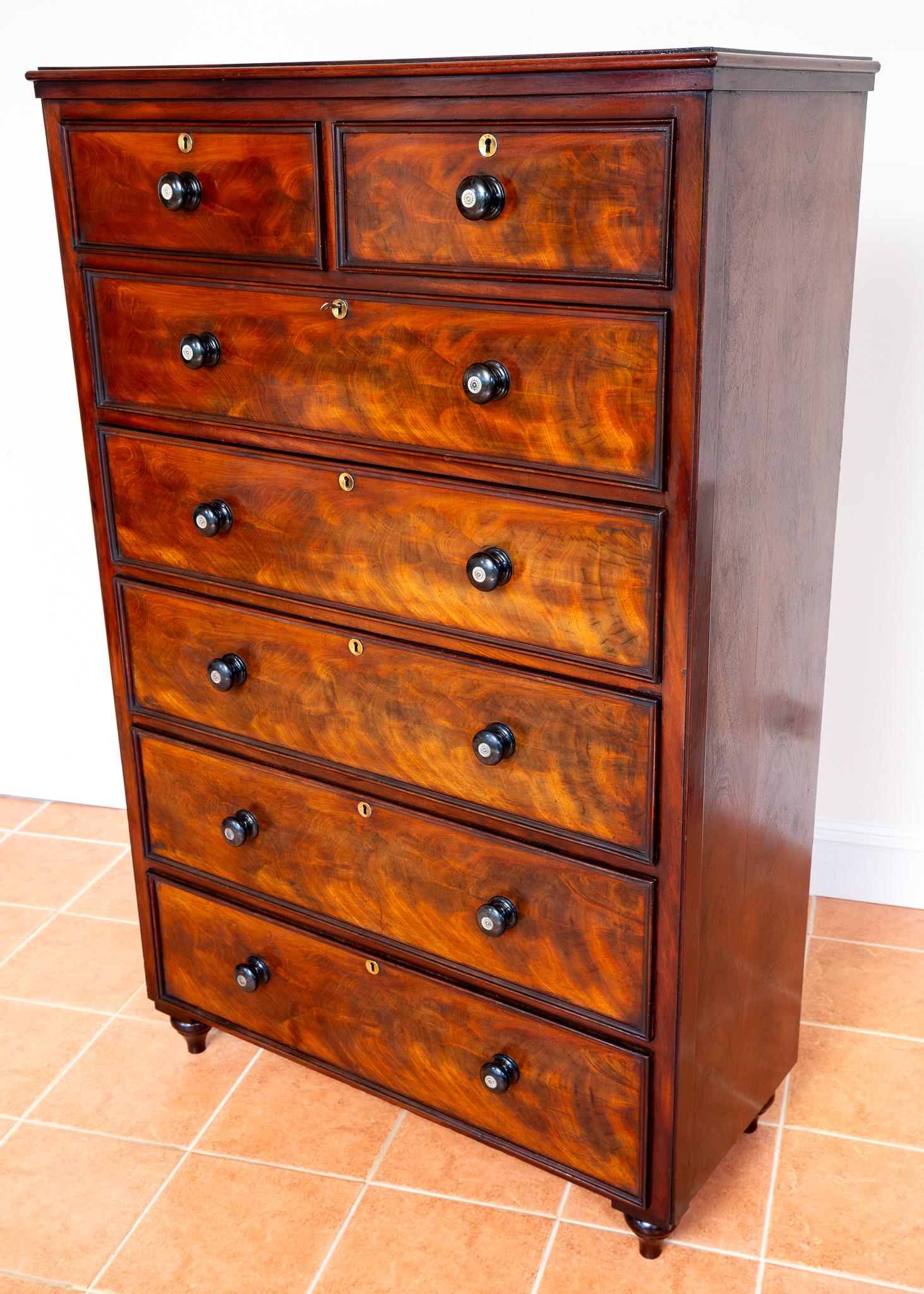 Early Victorian Rare Fine Tall Chest Of Drawers Flame Mahogany 19th Century Victorian 7 Drawers For Sale