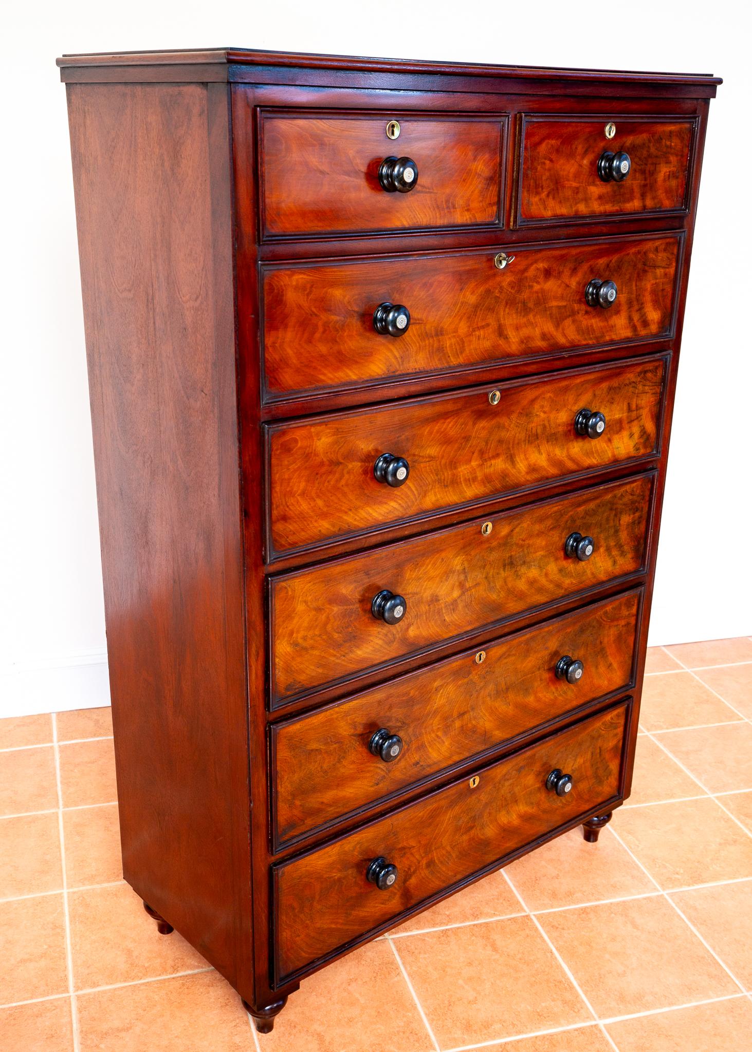 British Rare Fine Tall Chest Of Drawers Flame Mahogany 19th Century Victorian 7 Drawers For Sale