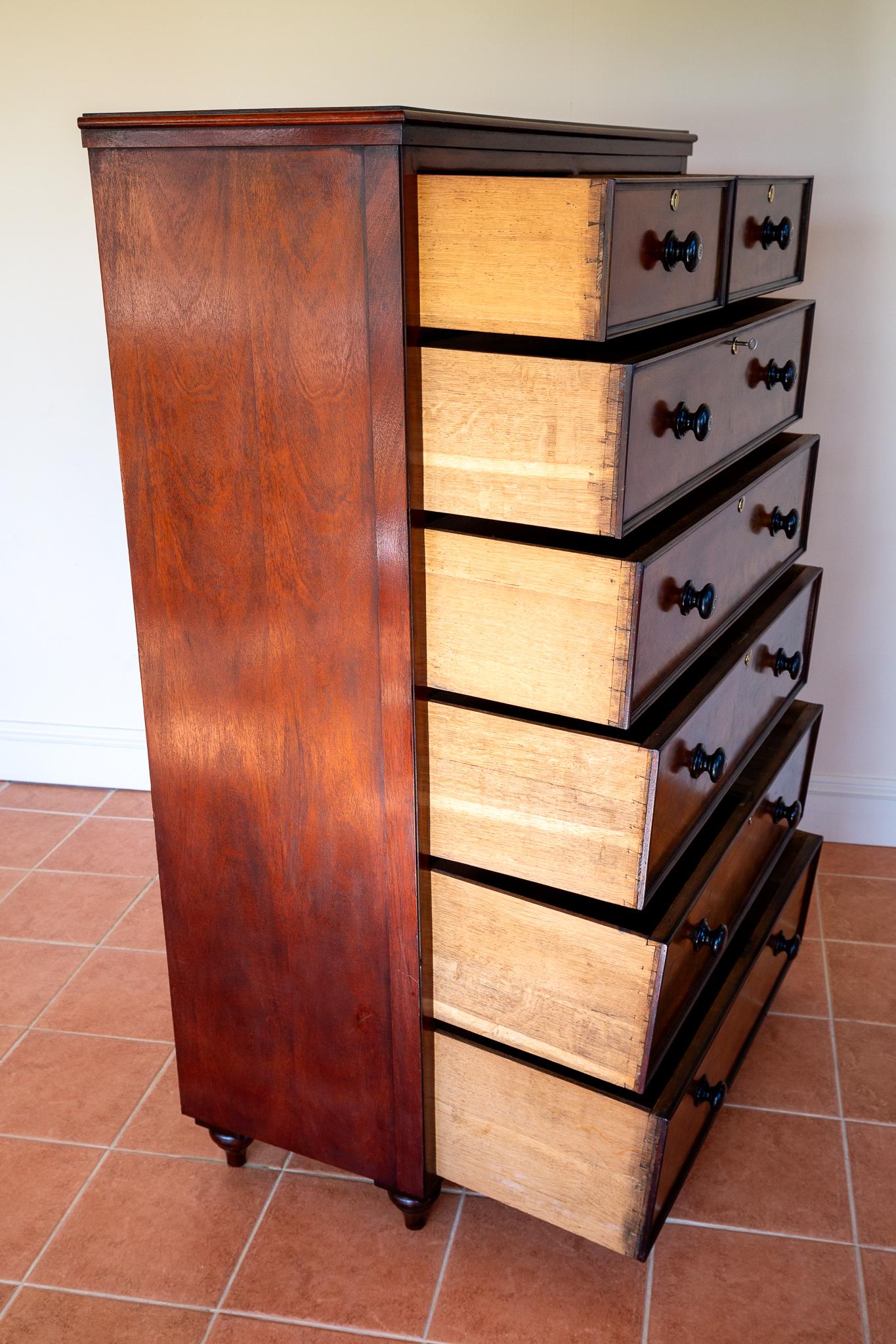 Rare Fine Tall Chest Of Drawers Flame Mahogany 19th Century Victorian 7 Drawers For Sale 1