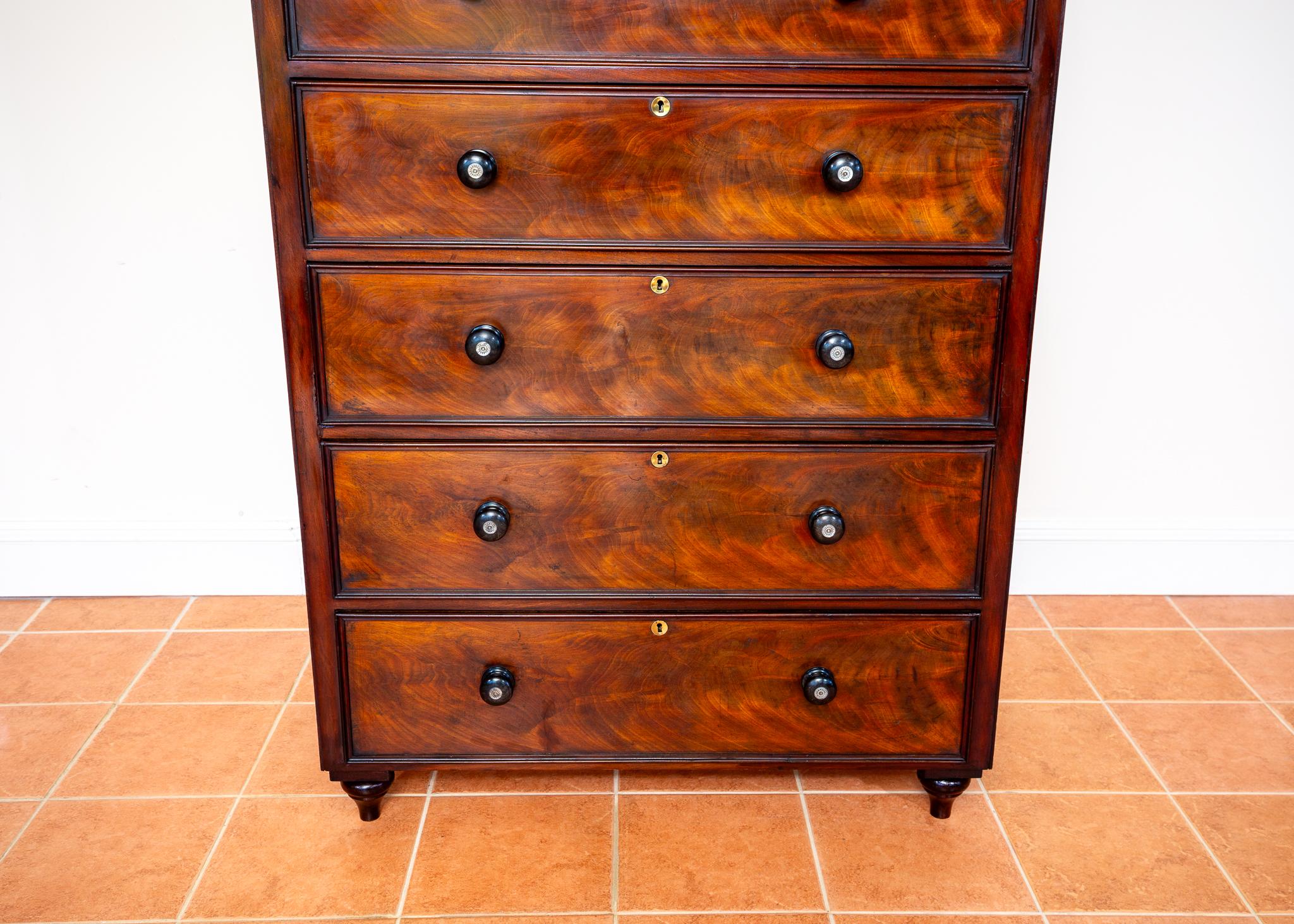 Rare Fine Tall Chest Of Drawers Flame Mahogany 19th Century Victorian 7 Drawers For Sale 3