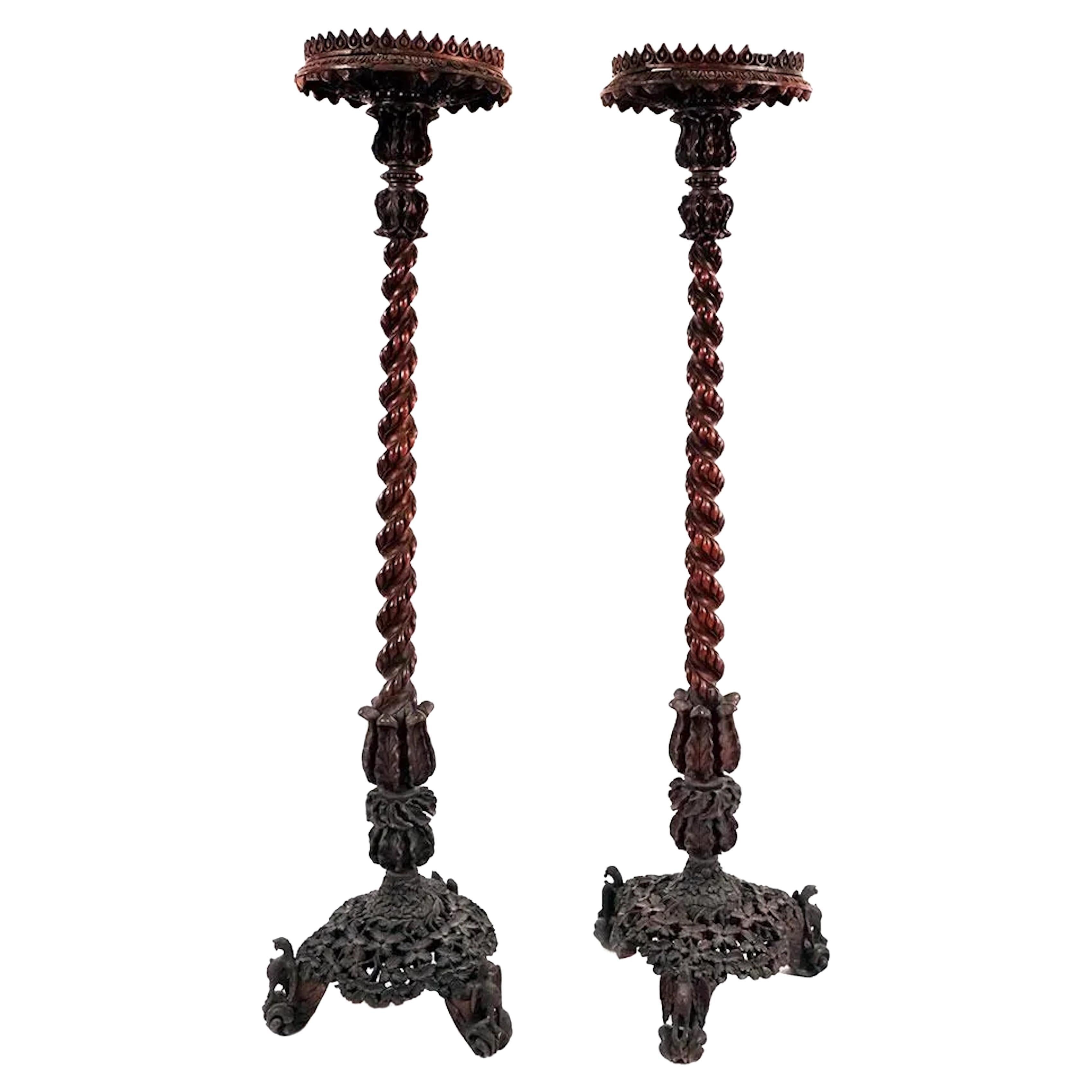 Rare Finely Carved Pair of Teak Anglo-Indian Torcheres  Jardinieres  For Sale
