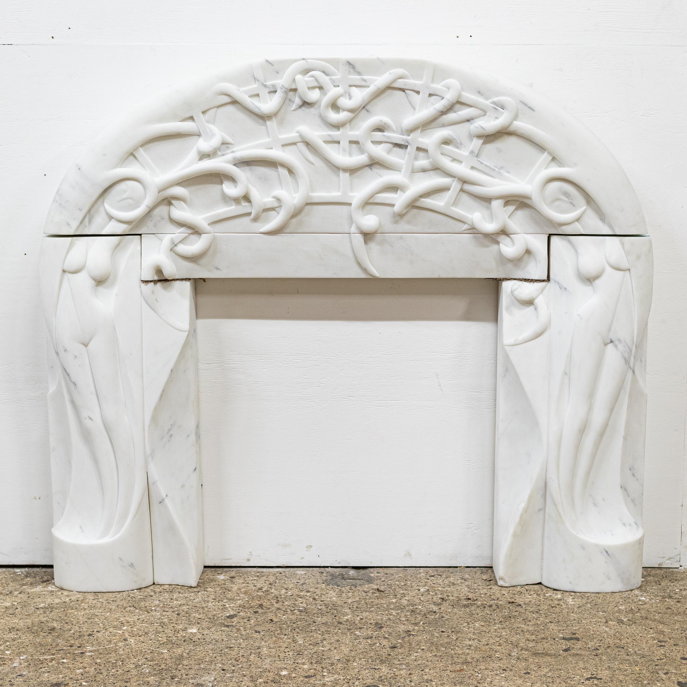 Art Nouveau Rare Finely Carved Statuary Marble Chimneypiece For Sale