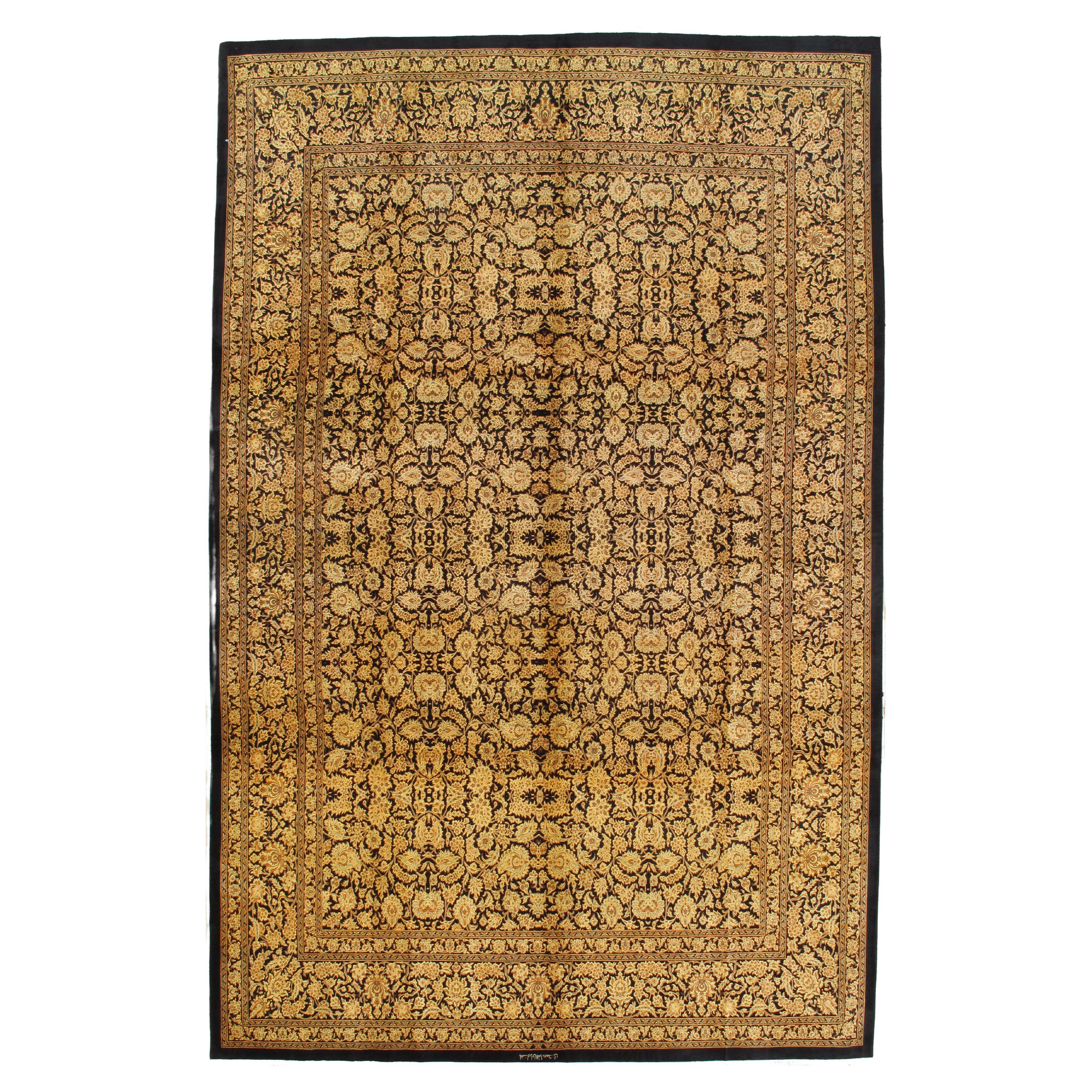 Seltener fein gewebter persischer Qum-Seidenteppich, handgefertigter Orientteppich, Gold und Schwarz