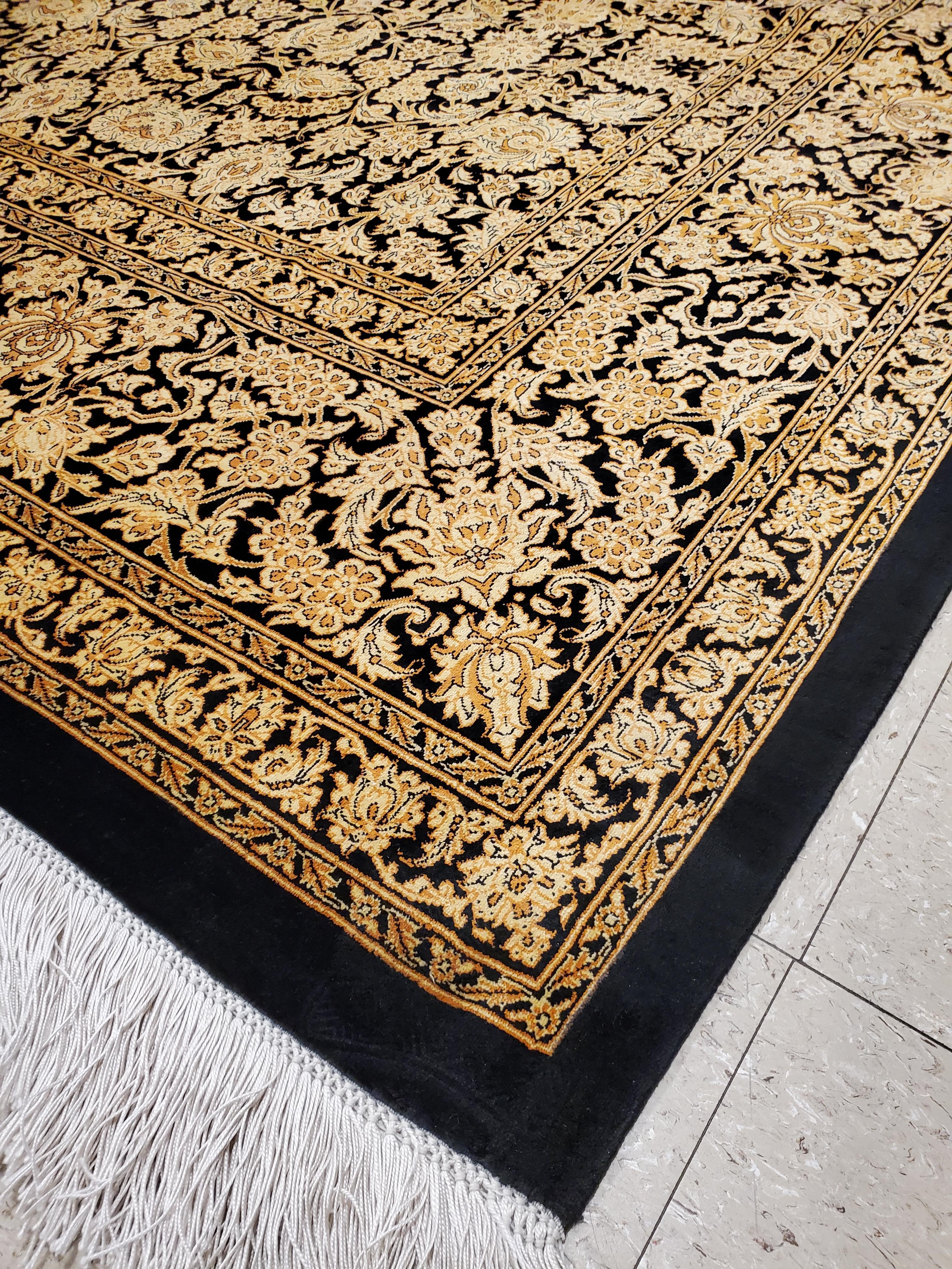 Rare Finely Woven Persian Silk Qum, Handmade Oriental Rug, Gold and Black For Sale 5