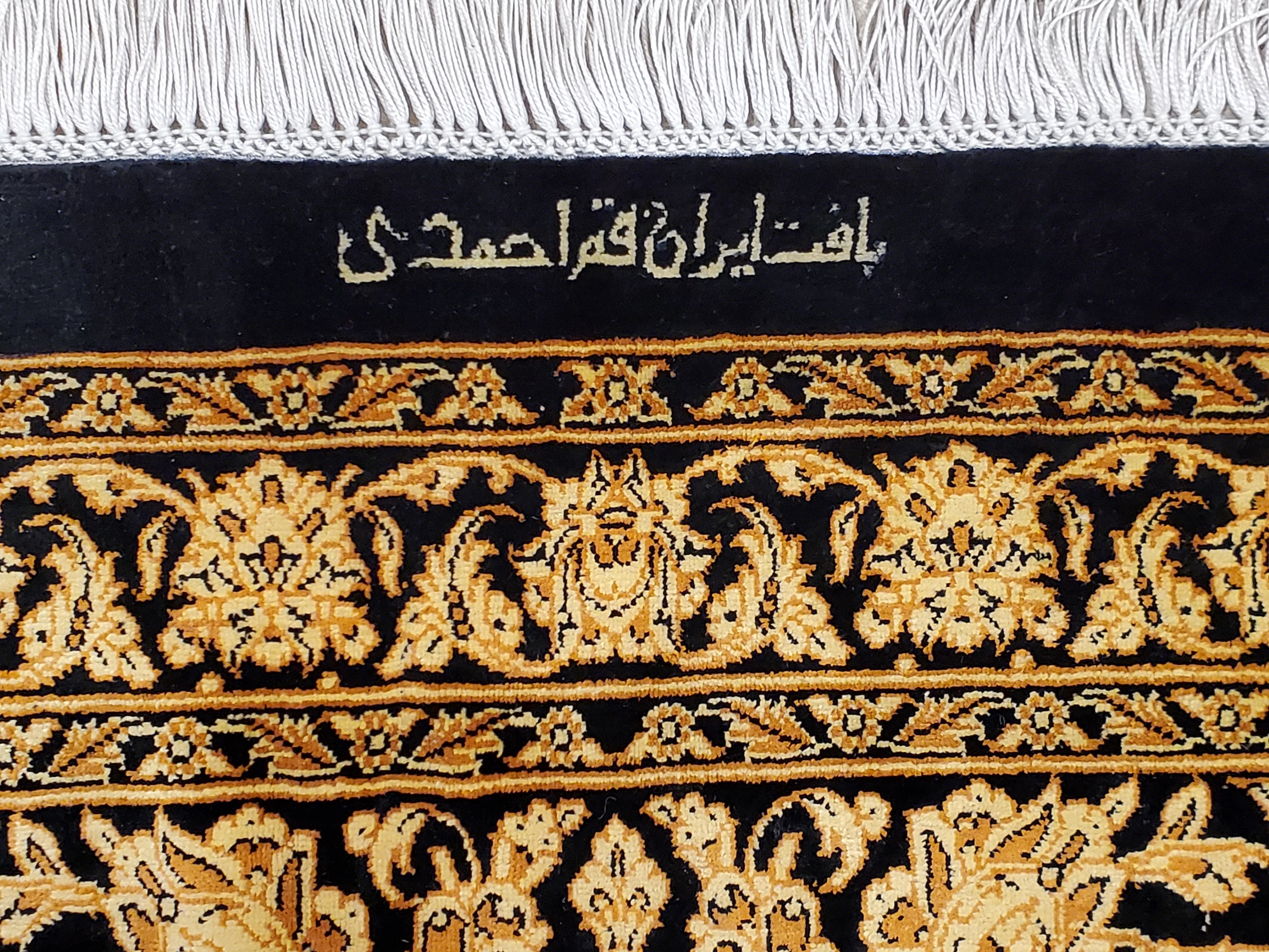 Hand-Knotted Rare Finely Woven Persian Silk Qum, Handmade Oriental Rug, Gold and Black For Sale