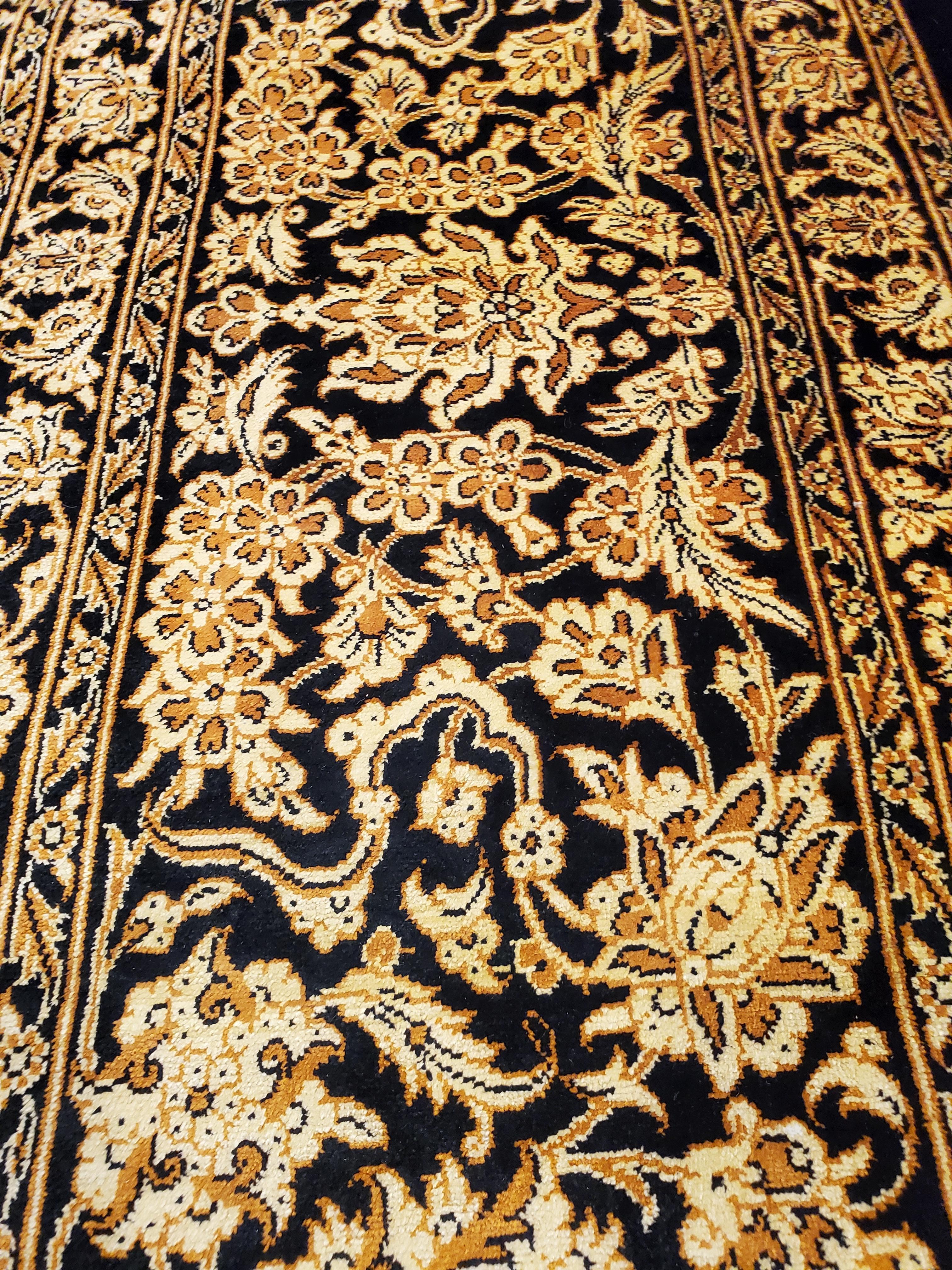 20th Century Rare Finely Woven Persian Silk Qum, Handmade Oriental Rug, Gold and Black For Sale