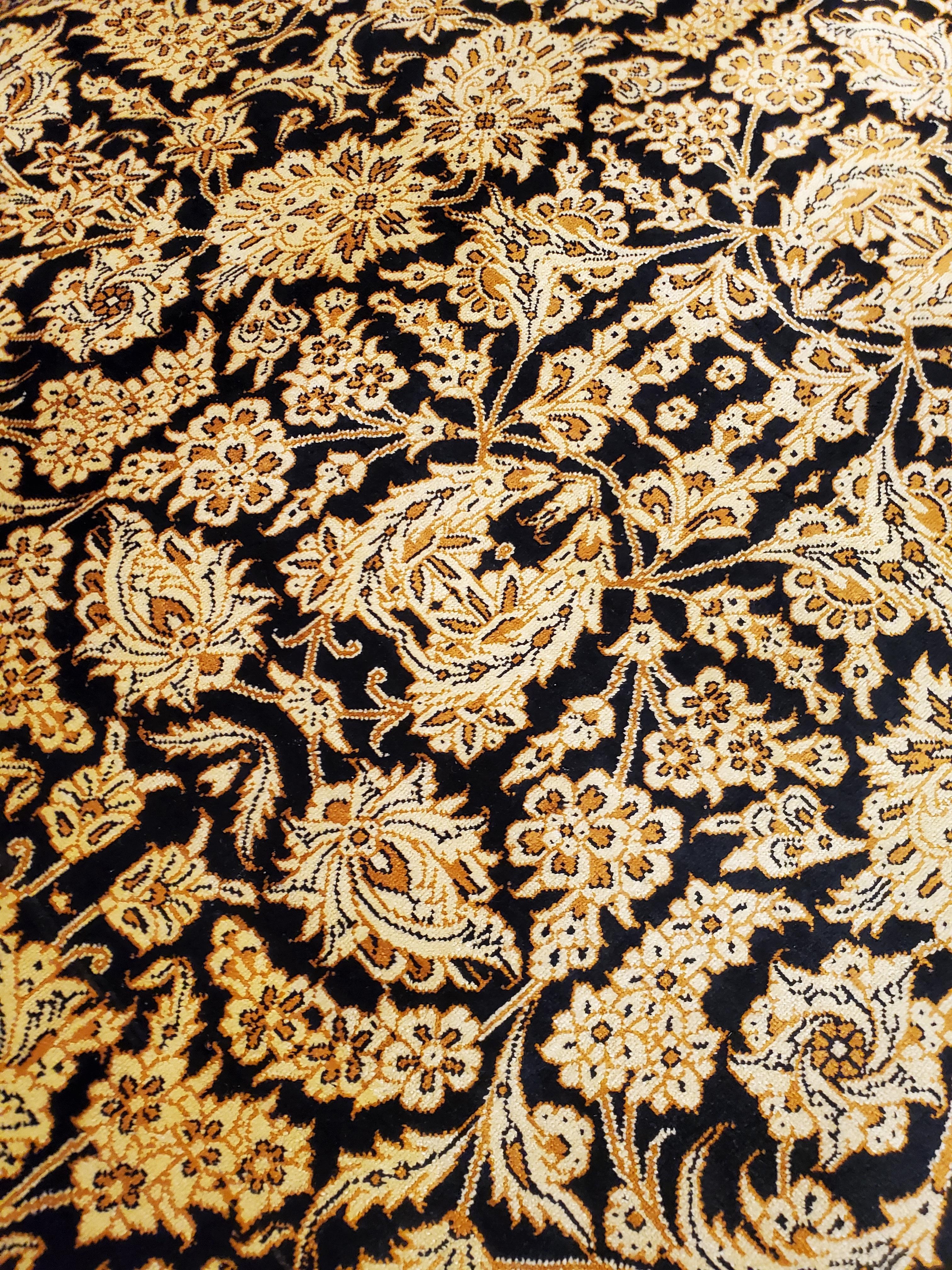 Rare Finely Woven Persian Silk Qum, Handmade Oriental Rug, Gold and Black For Sale 1