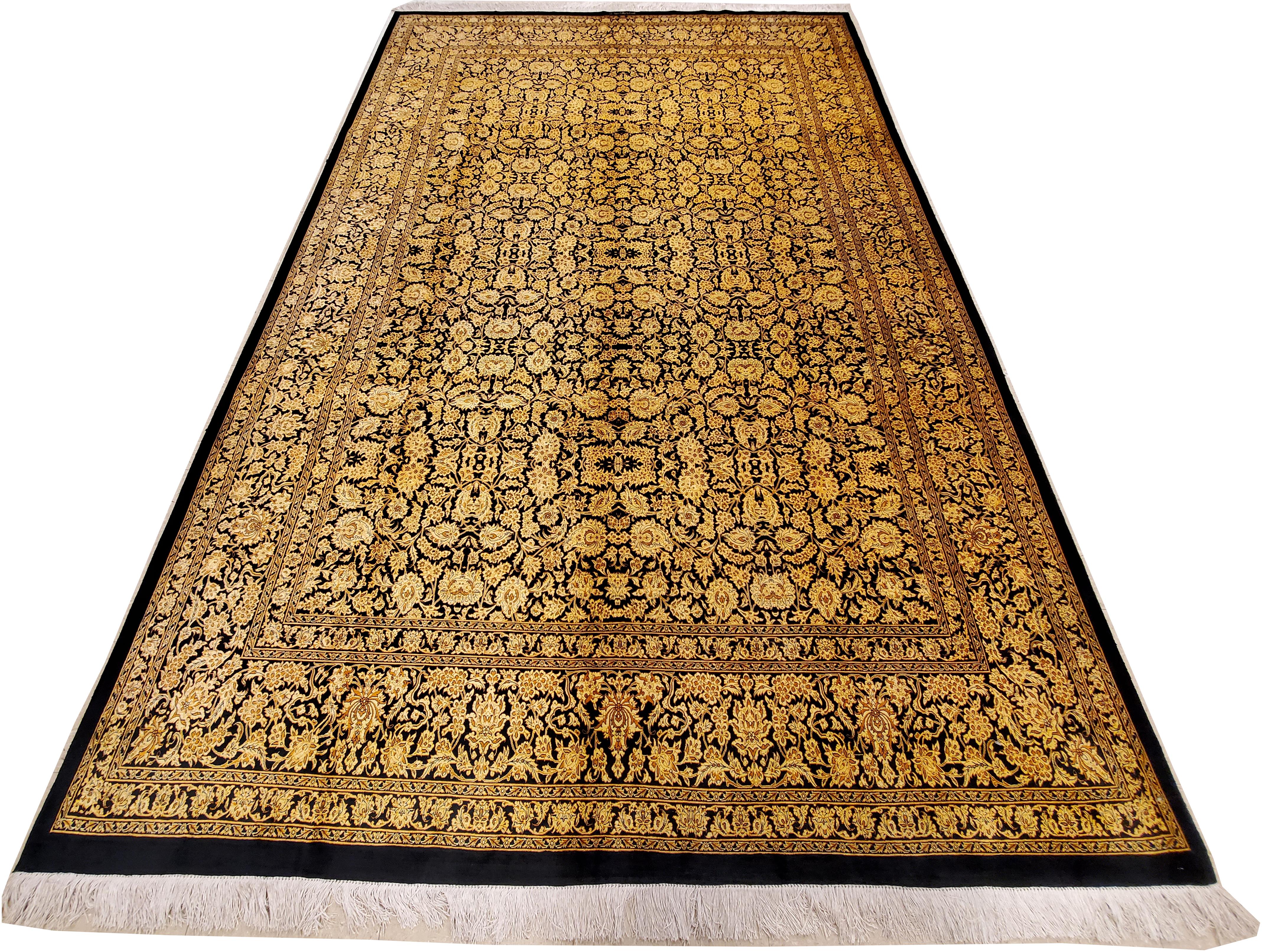Rare Finely Woven Persian Silk Qum, Handmade Oriental Rug, Gold and Black For Sale 2