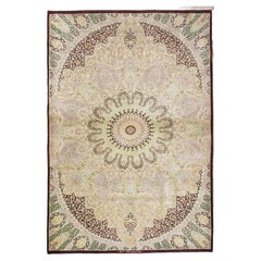 Rare tapis oriental en soie persane finement tissée, fait à la main, ivoire, marron