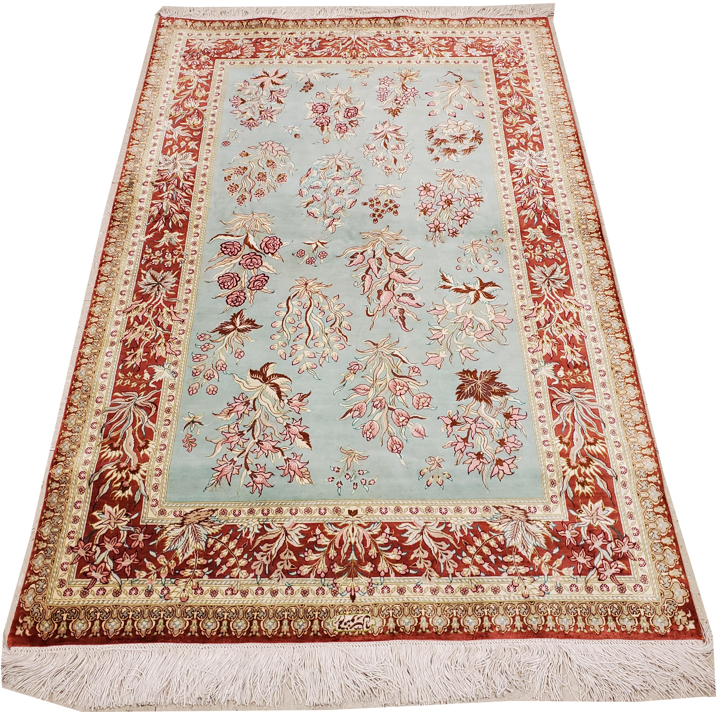 Extremely fine woven Persian silk carpet have silk pile on silk foundation. Approximately 750-800 knots per square inch.

Qum weavers are also known for producing prayer rugs with elegant tree of life designs, as well as compartment designs