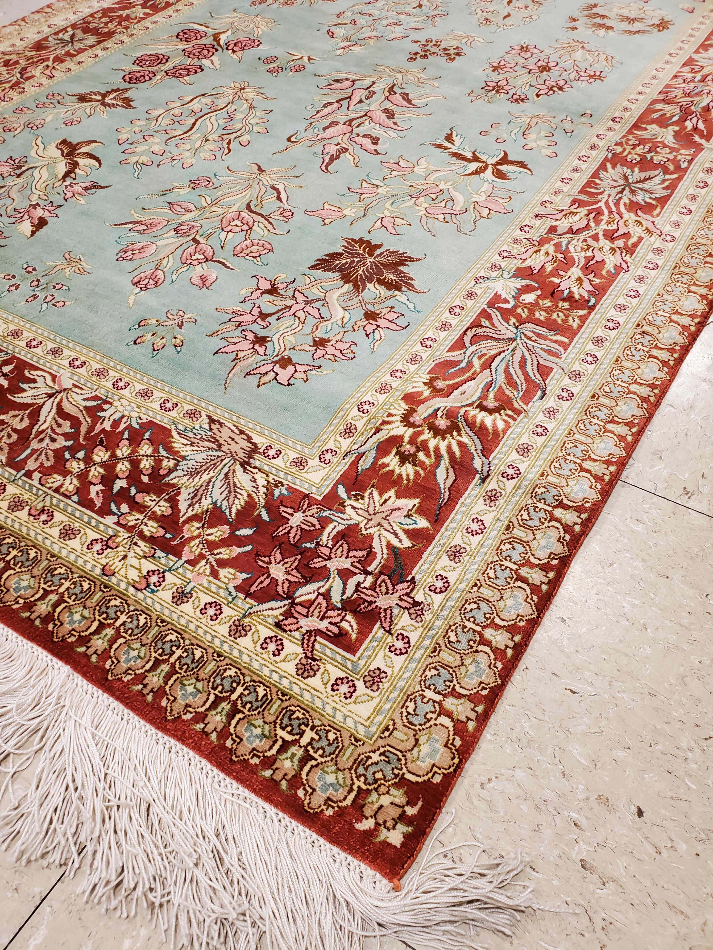 Rare Finely Woven Persian Silk Qum, Handmade Oriental Rug, Sky Blue and Red For Sale 2
