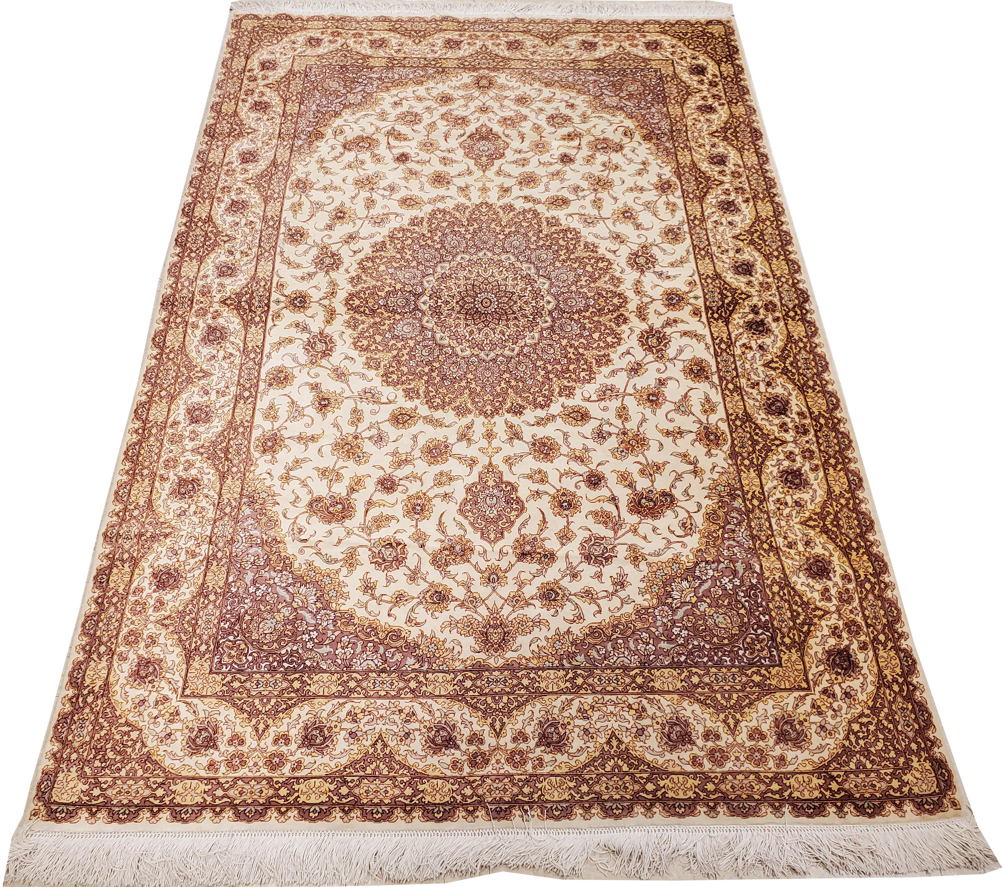 Rare Finely Woven Persian Silk Qum, Handmade Oriental Rug, Soft Ivory For Sale 7